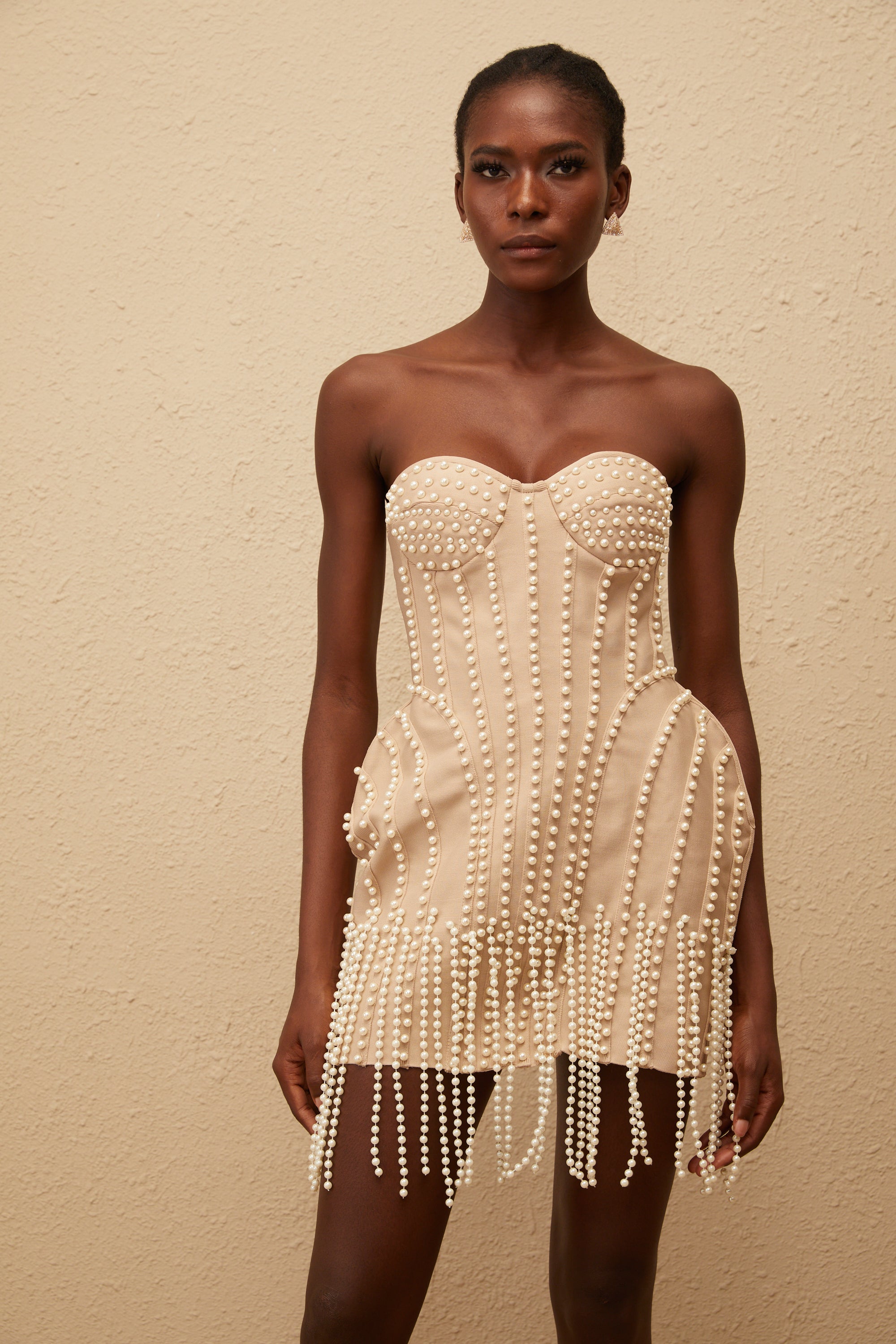 Delilah Neutral Faux Pearl Fringed Mini Dress