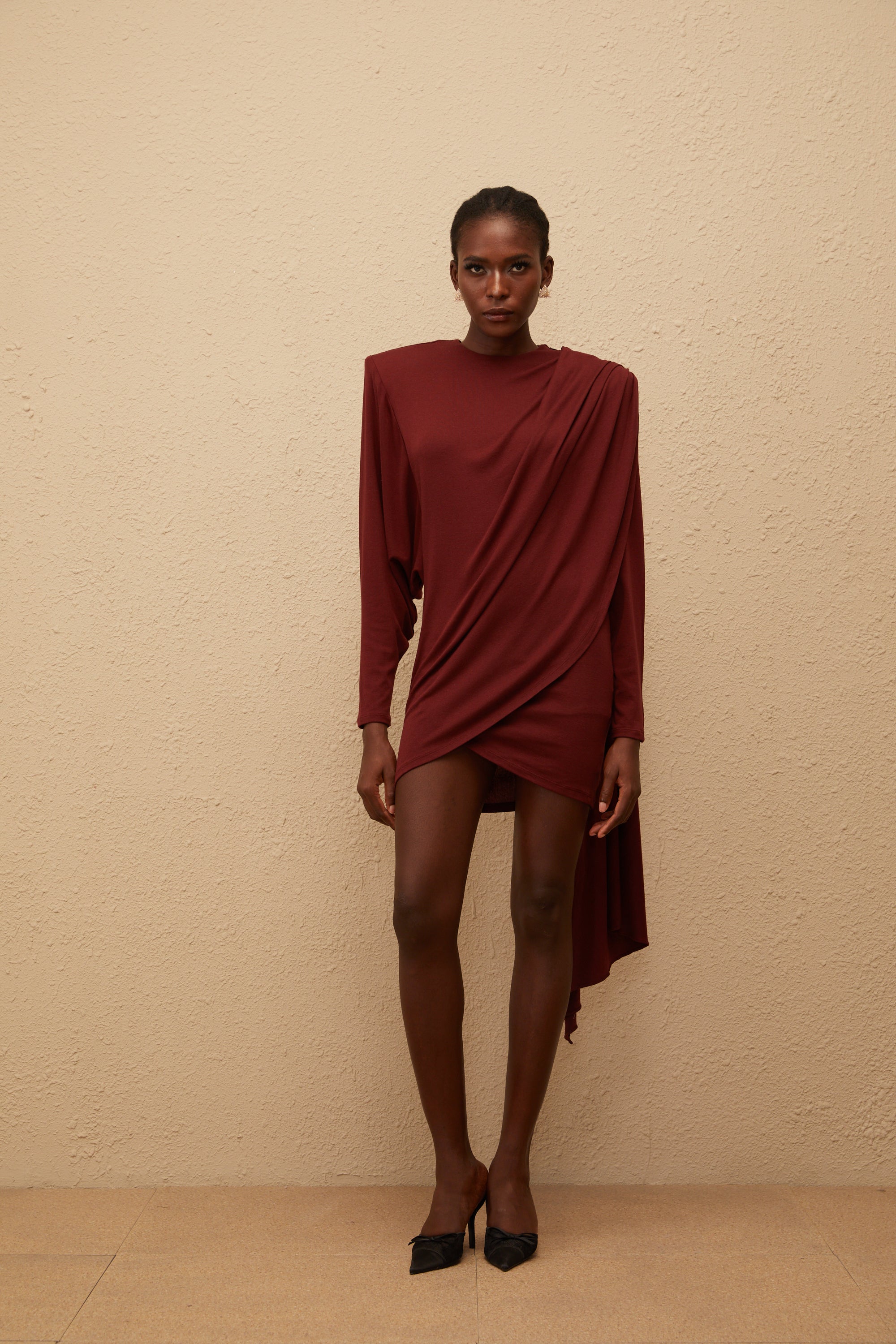 Garance Maroon Asymmetrical Knit Mini Dress (Final Sale-US Only)