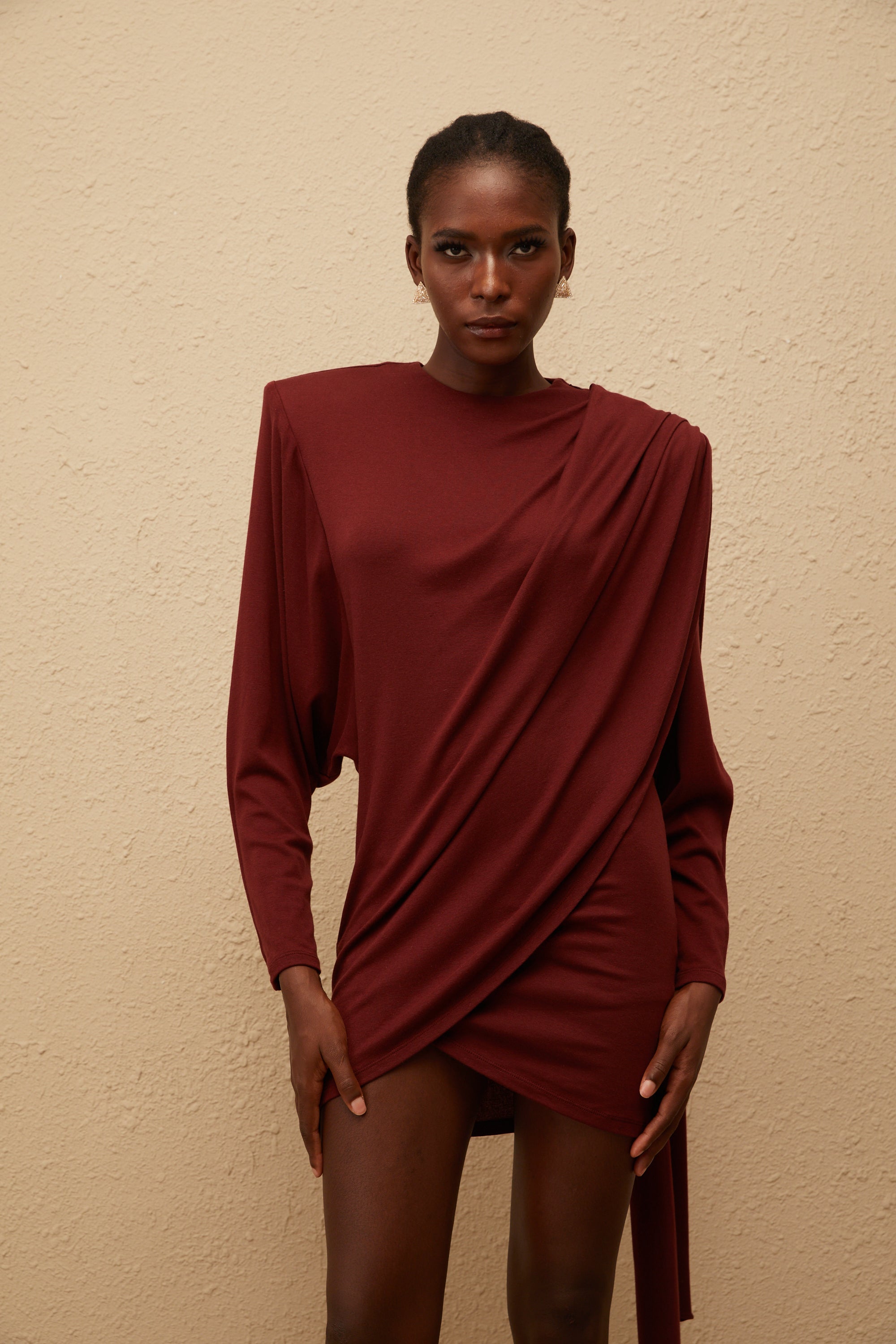 Garance Maroon Asymmetrical Knit Mini Dress (Final Sale-US Only)