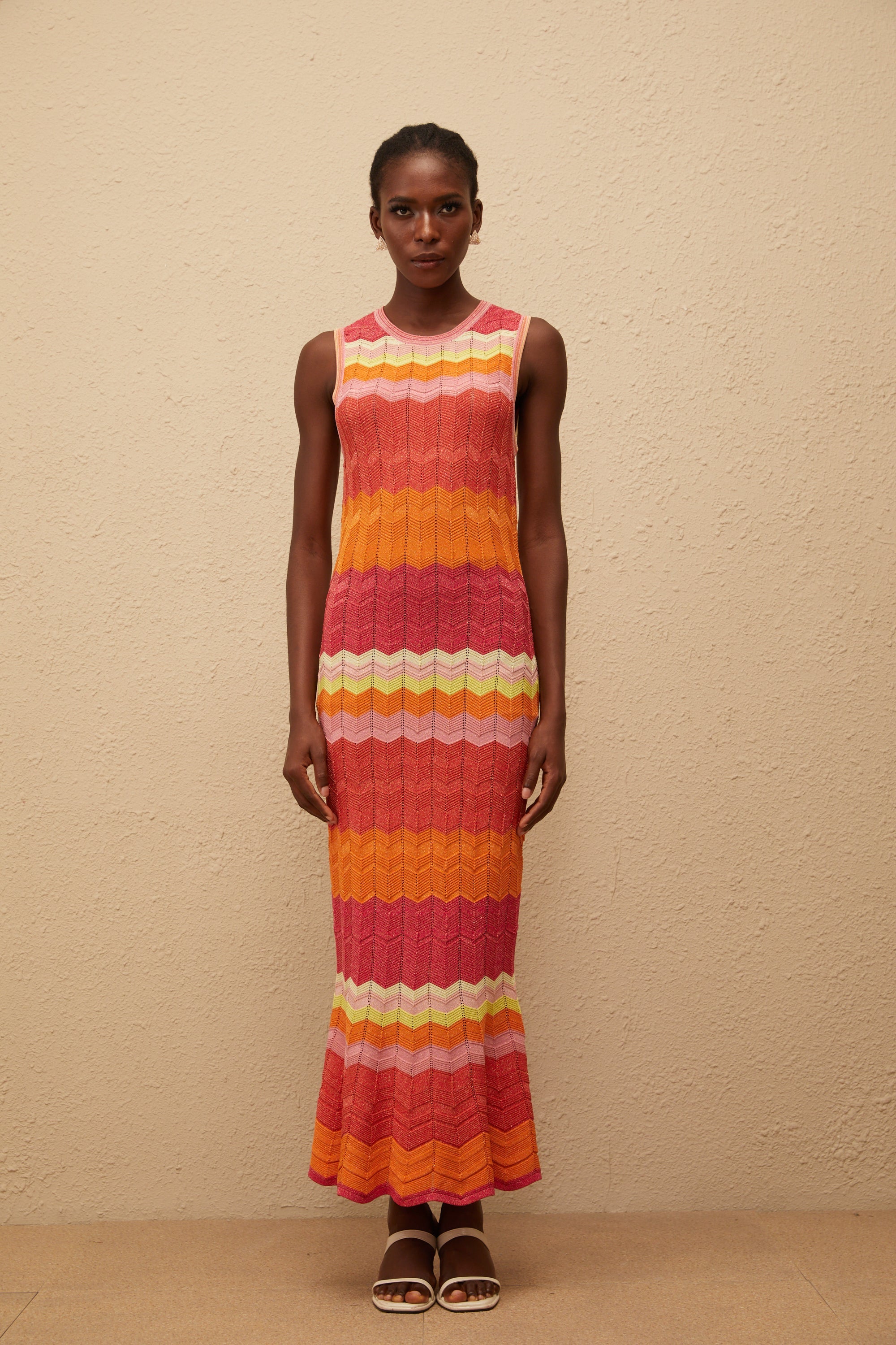 Nadège Coral Pink Wavy Knit Maxi Dress