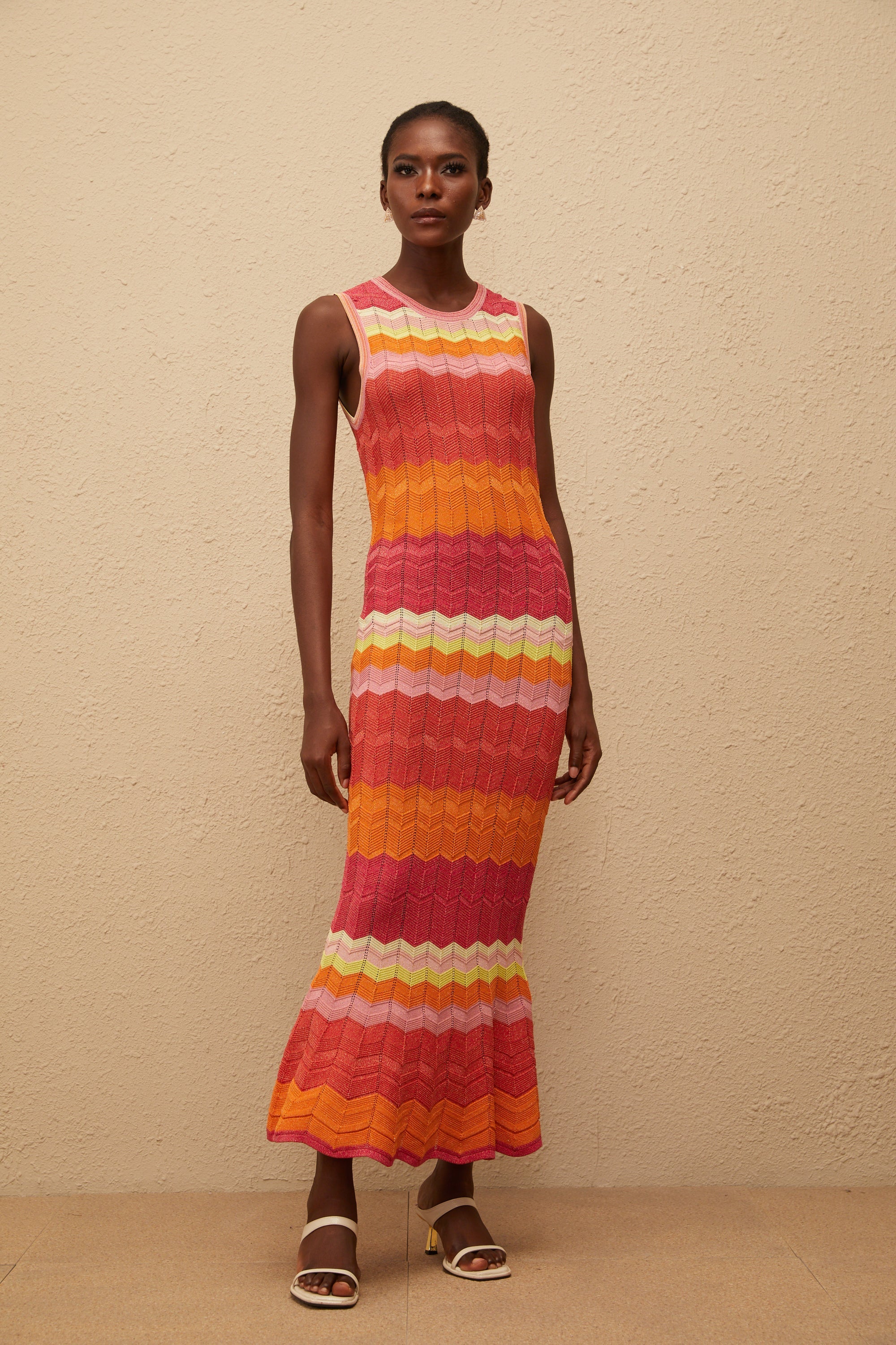 Nadège Coral Pink Wavy Knit Maxi Dress