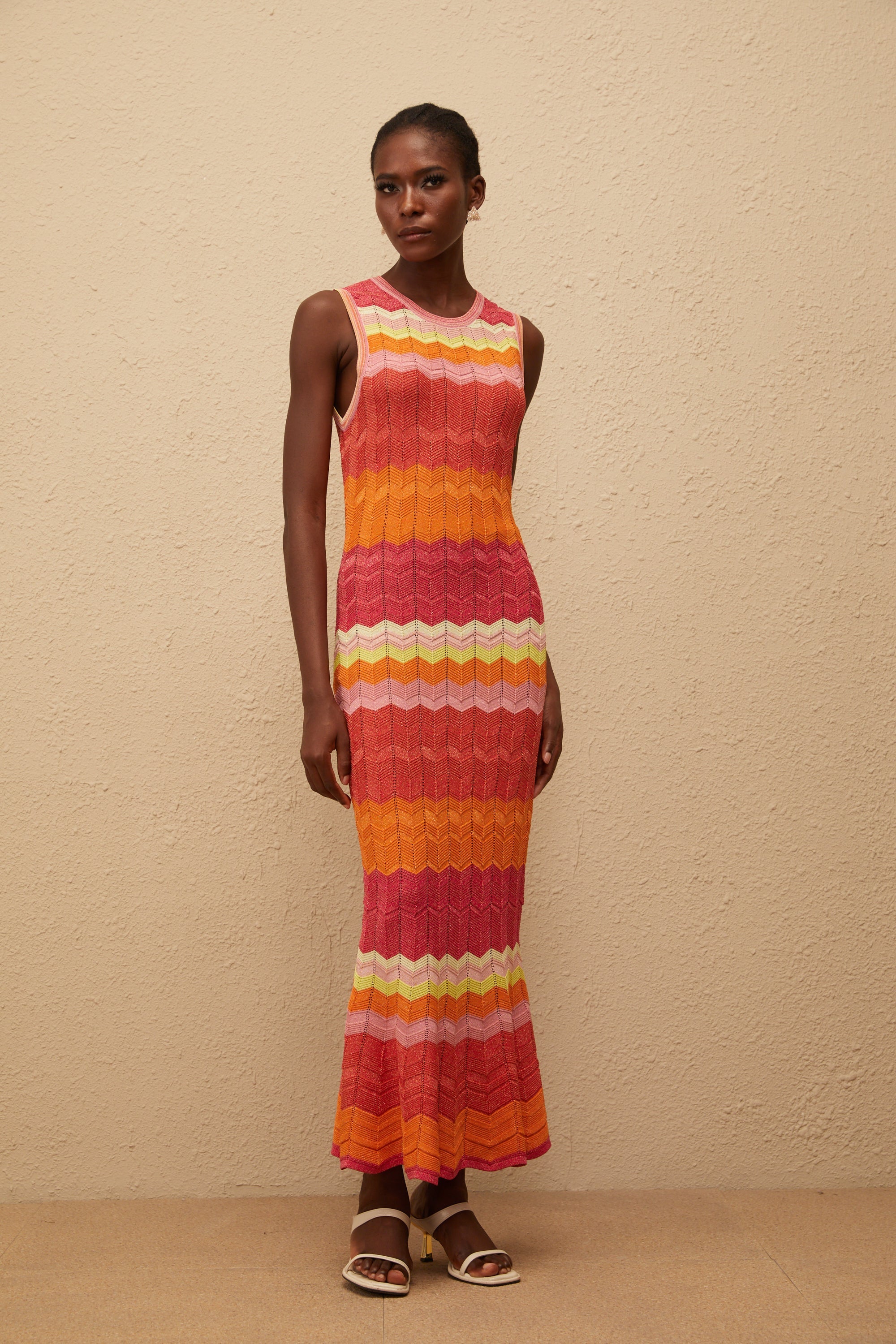 Nadège Coral Pink Wavy Knit Maxi Dress