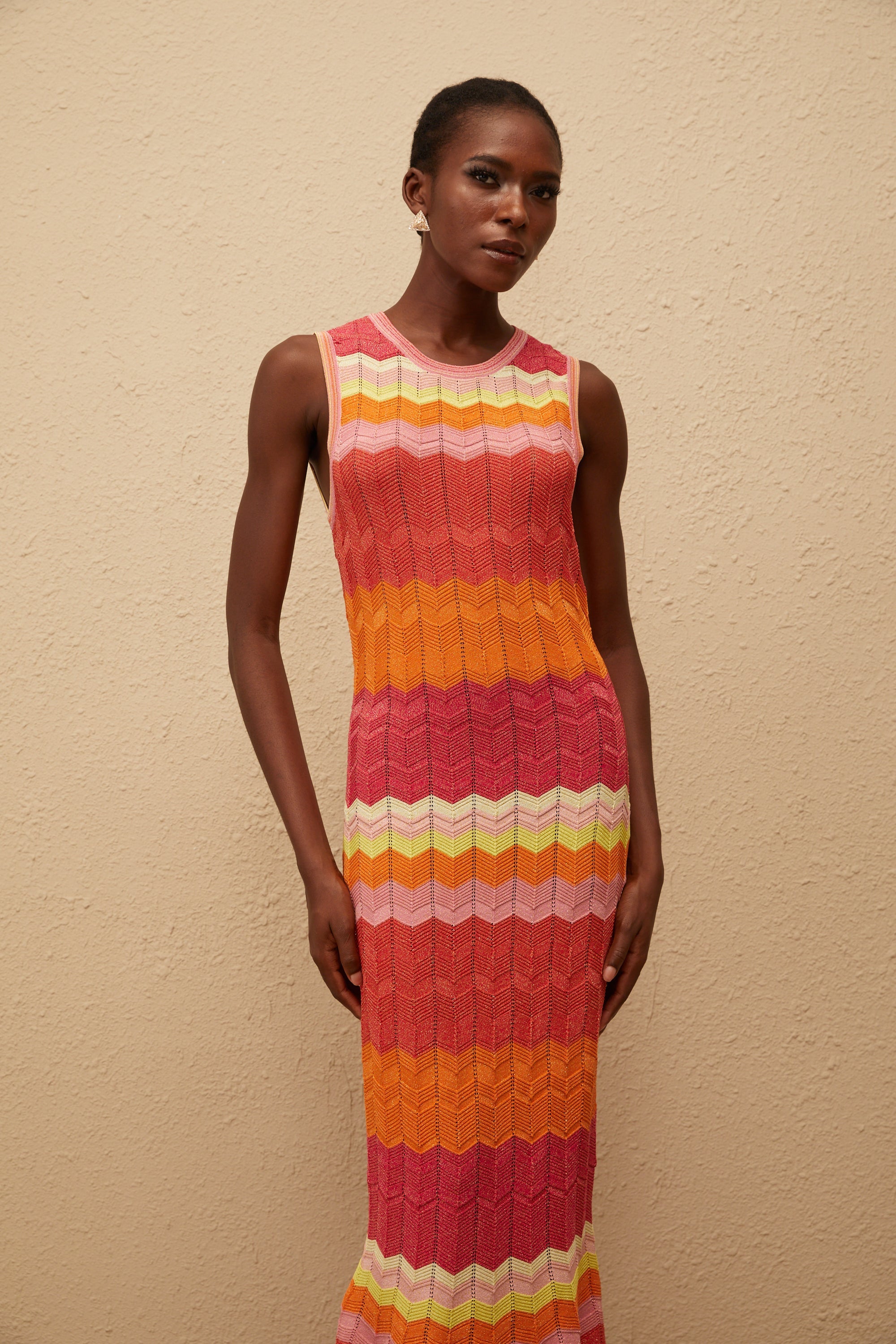 Nadège Coral Pink Wavy Knit Maxi Dress