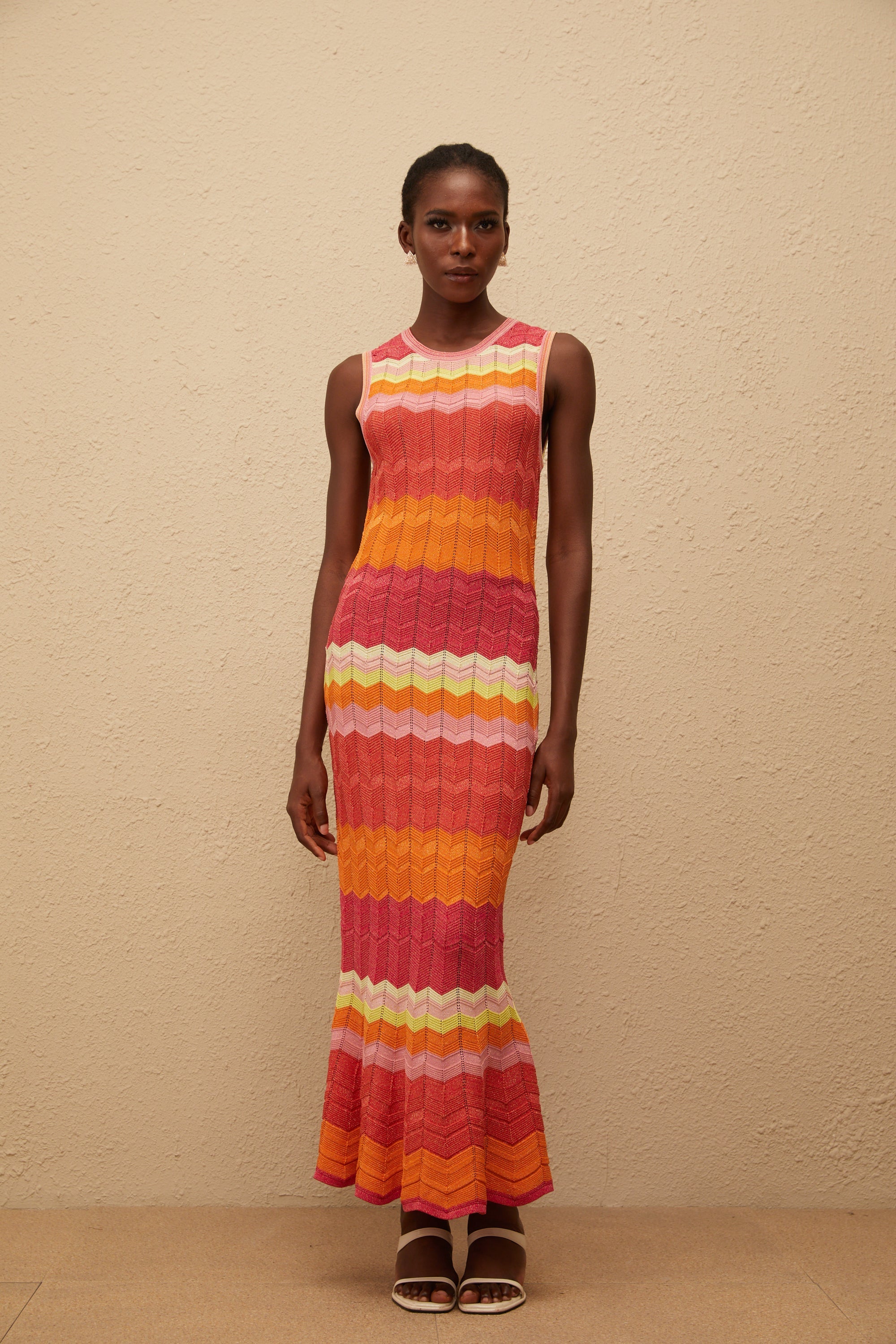Nadège Coral Pink Wavy Knit Maxi Dress