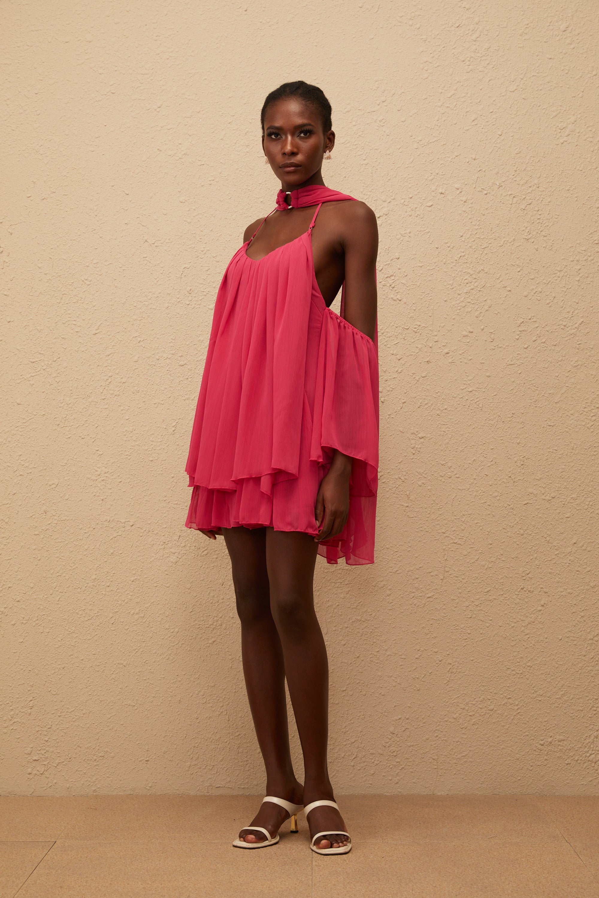 Aveline Hot Pink Pleated Chiffon Mini Dress