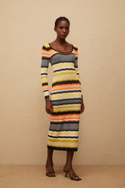 Frédérique Yellow Zigzag Woven Knit Midi Dress