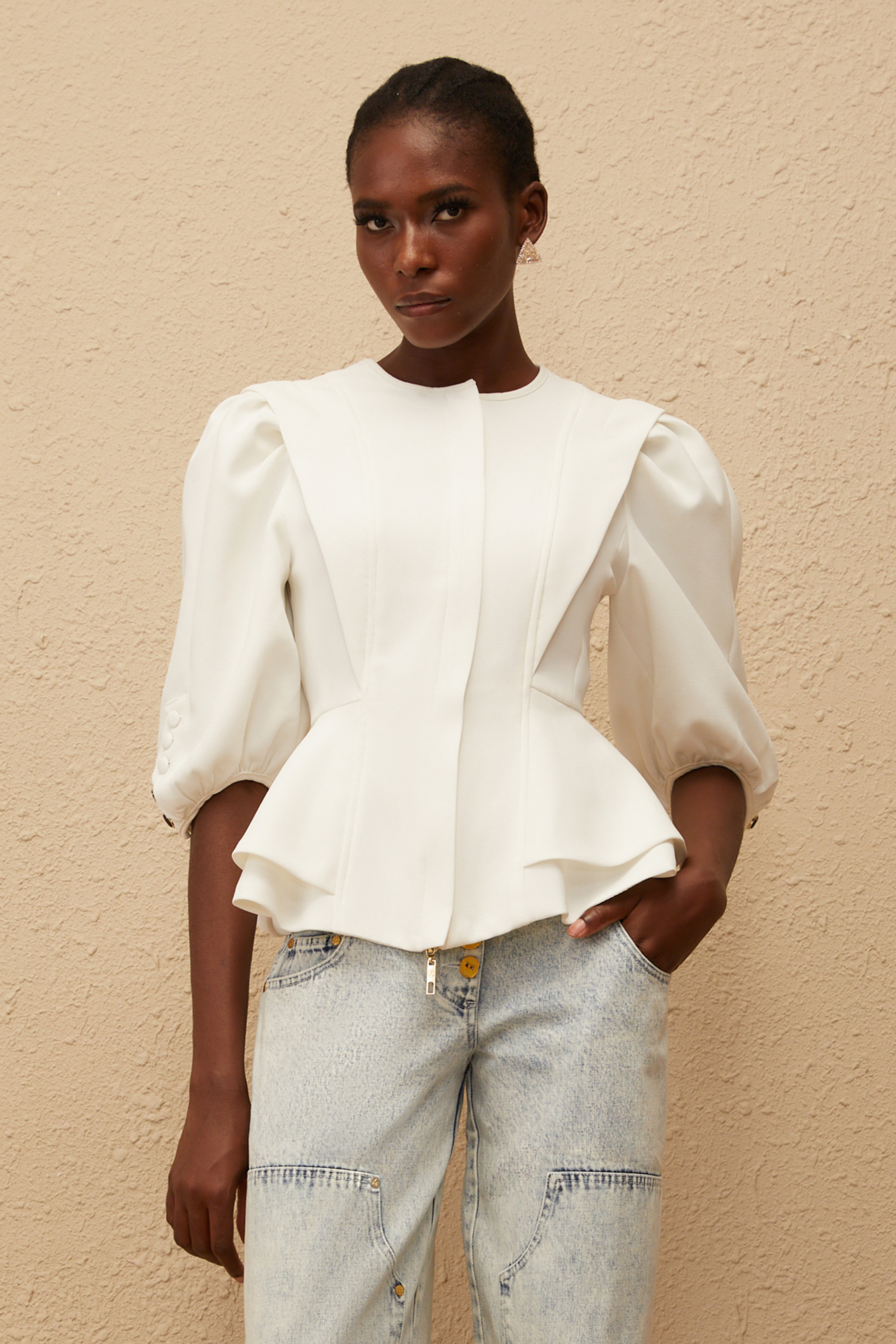 Gwenaëlle White Peplum Waist Blouse (Final Sale-US Only)