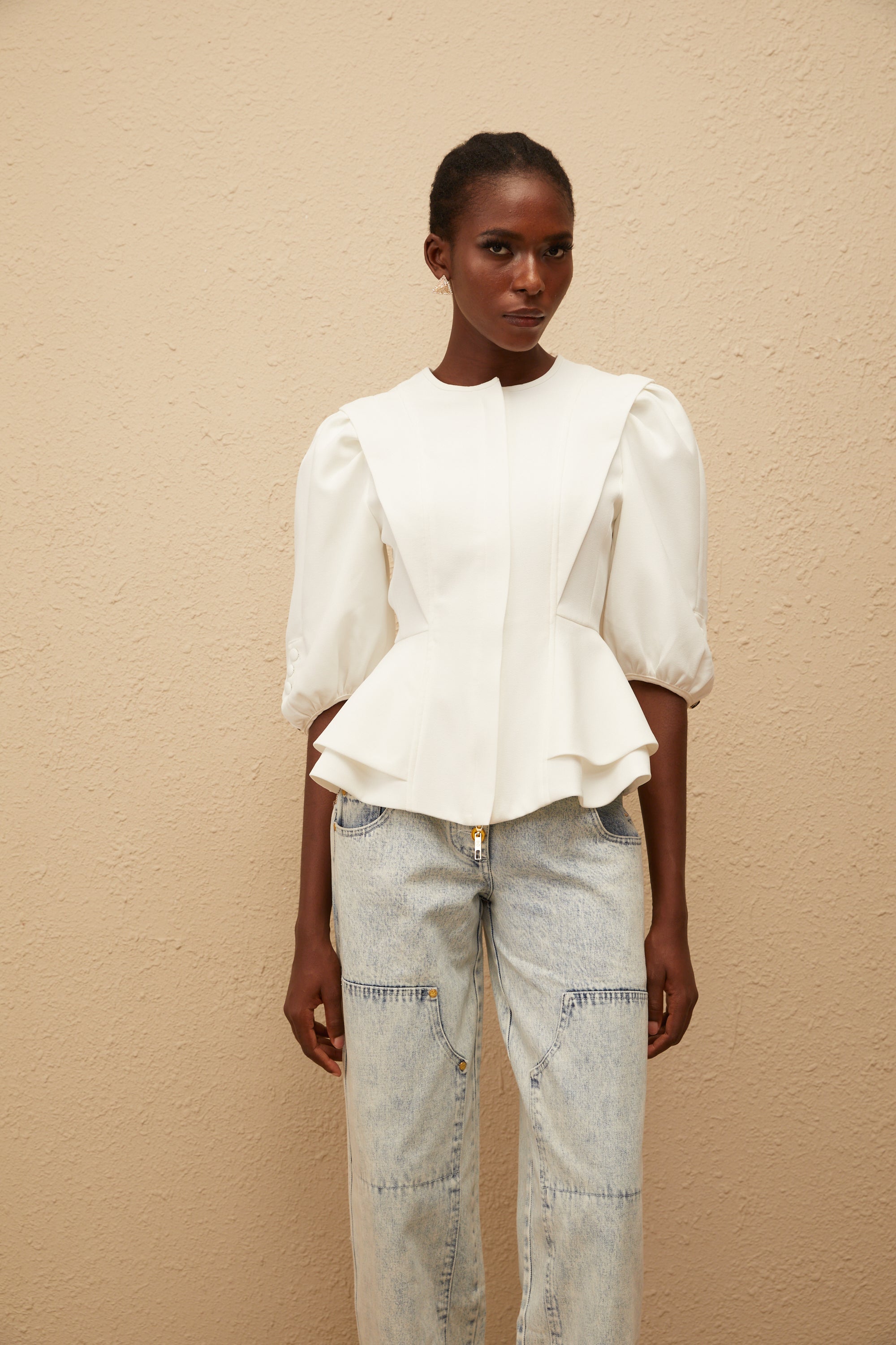 Gwenaëlle White Peplum Waist Blouse (Final Sale-US Only)