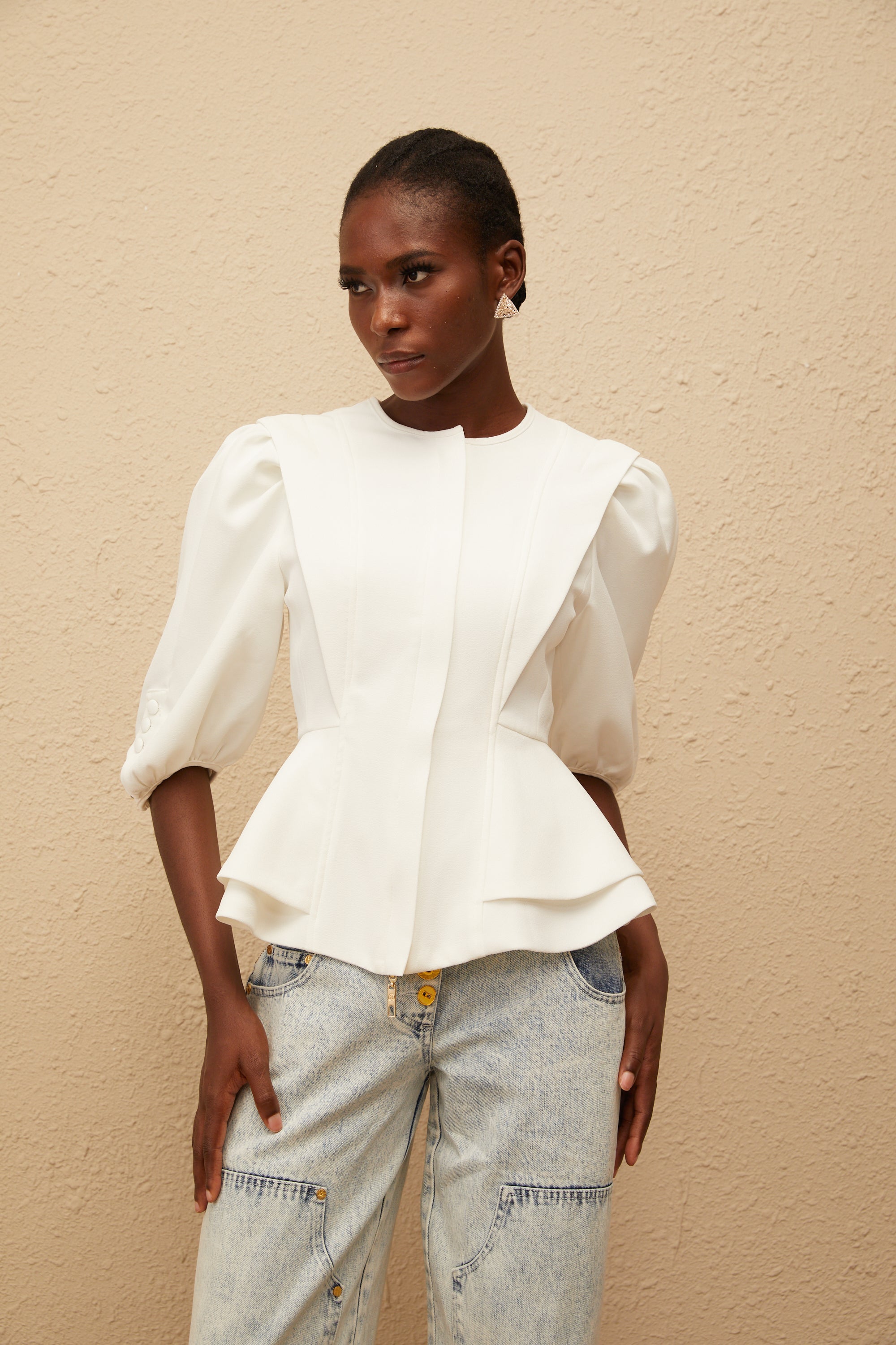 Gwenaëlle White Peplum Waist Blouse (Final Sale-US Only)