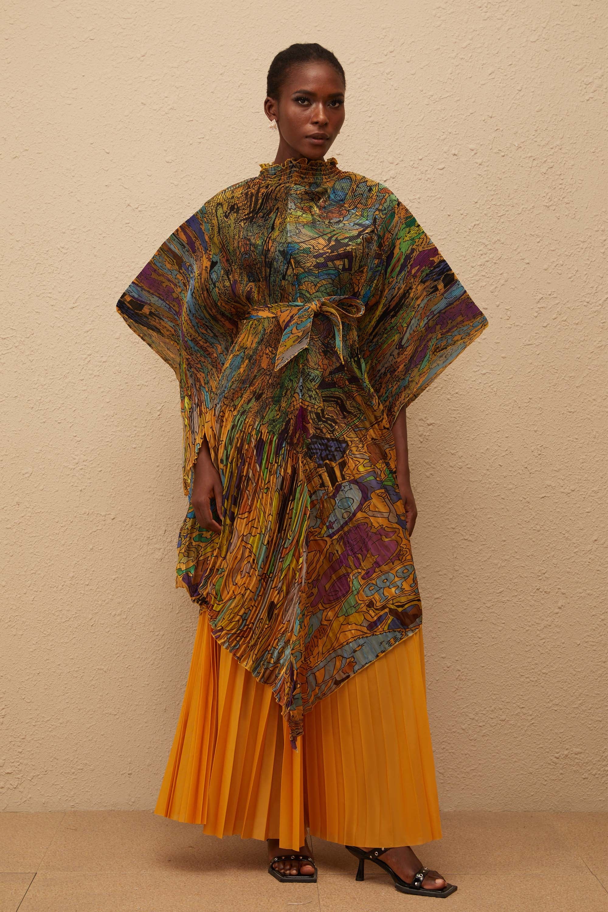 Mélodie Orange Pattern Print Pleated Blouse & Trousers Set