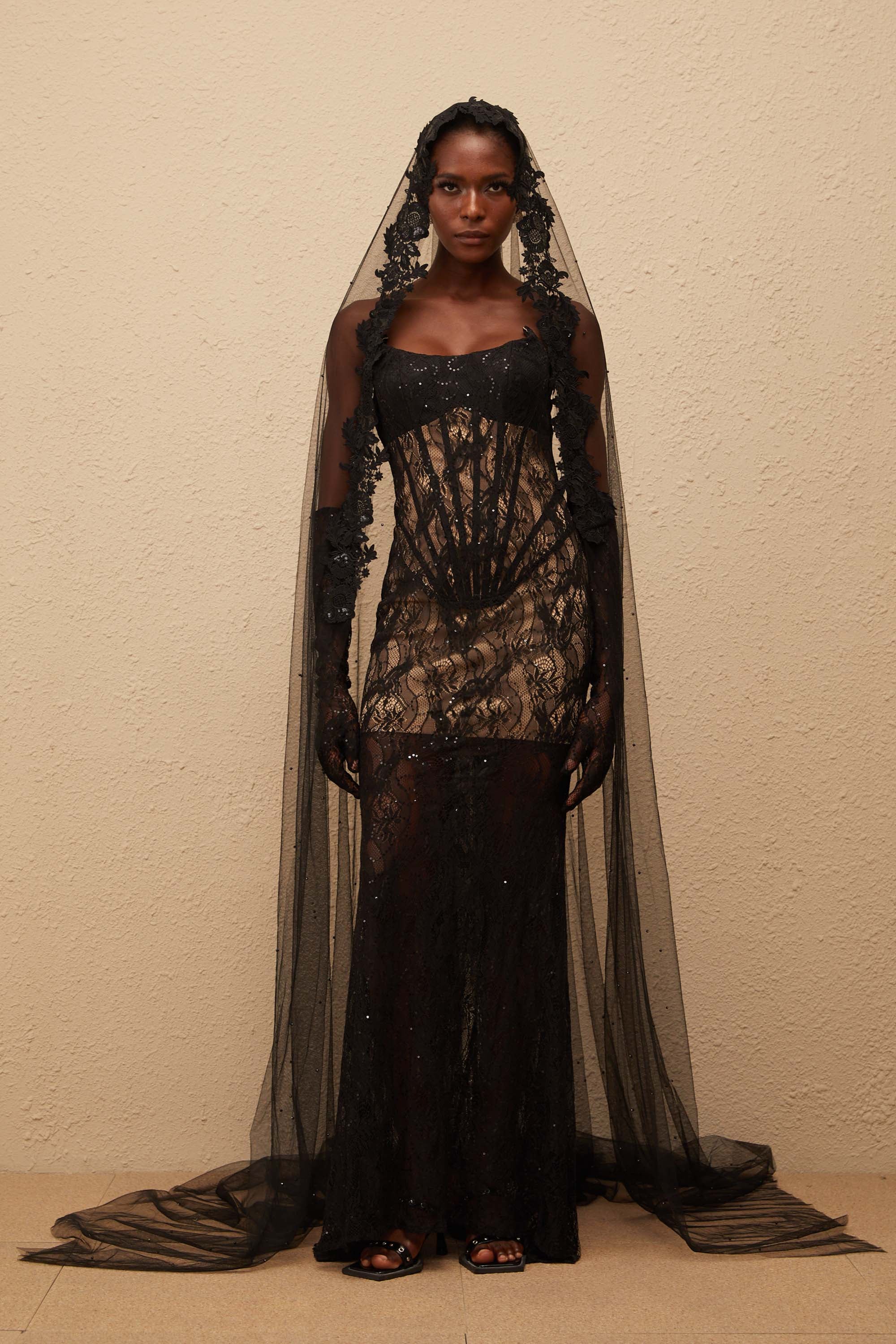 Bertille Black Floral Lace Corset Maxi Dress (Final Sale)