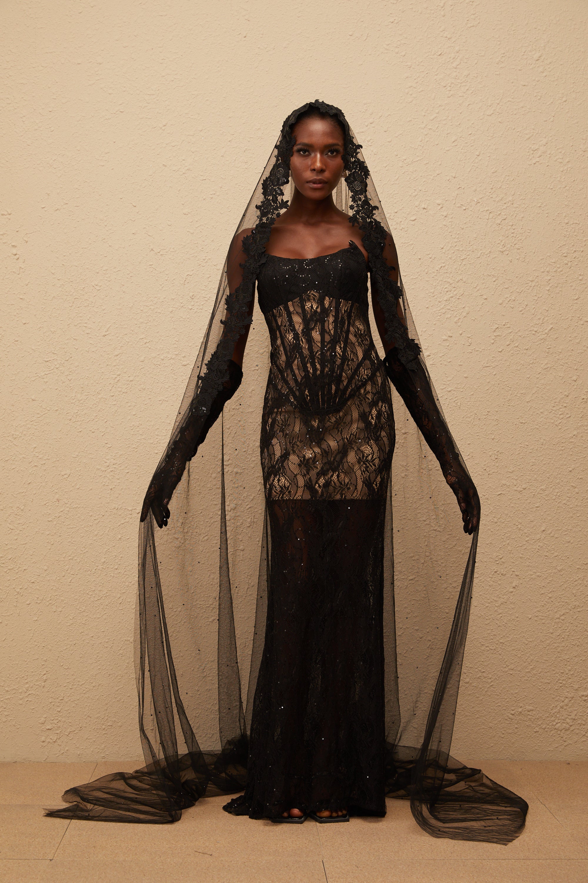 Bertille Black Floral Lace Corset Maxi Dress (Final Sale)