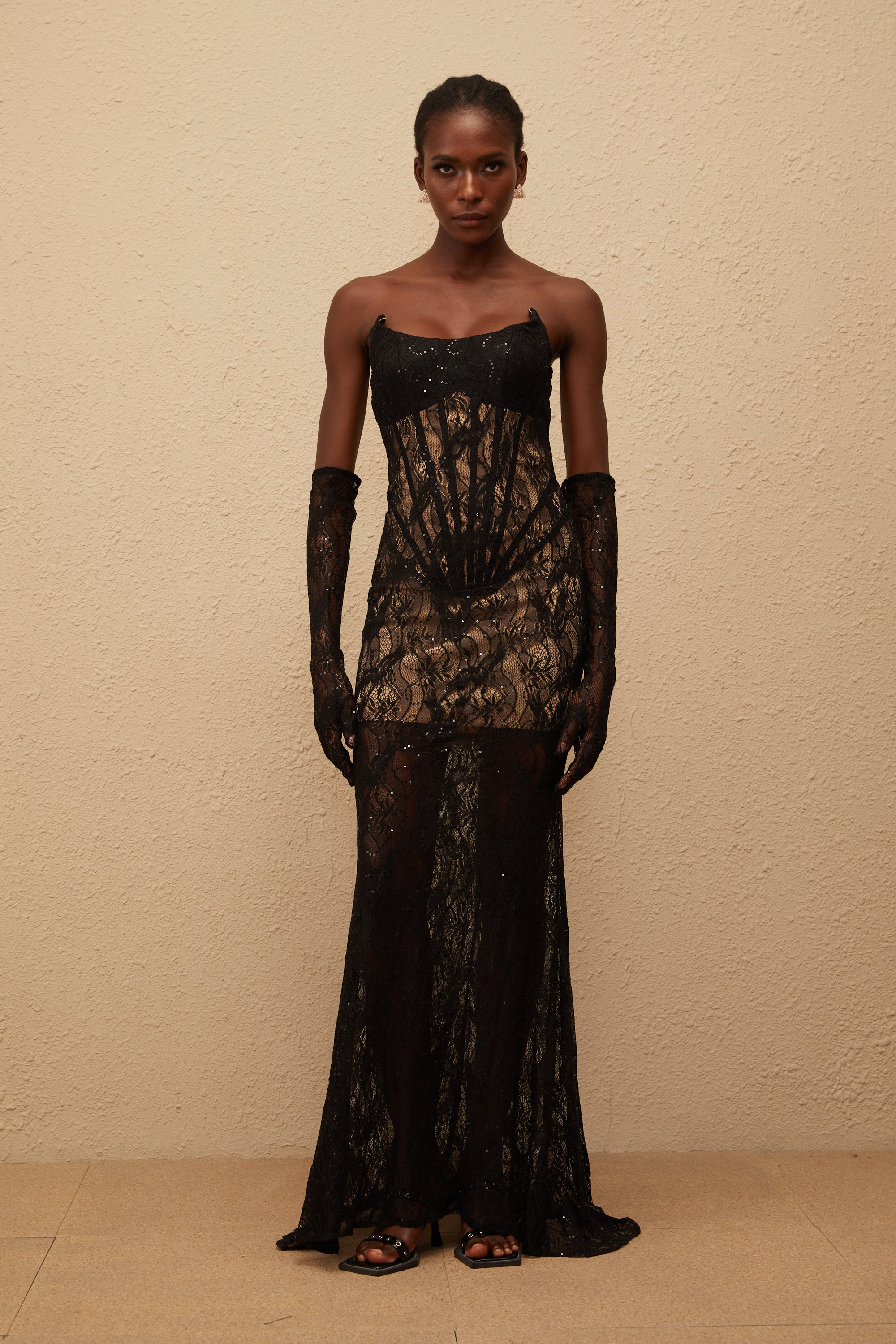 Bertille Black Floral Lace Corset Maxi Dress (Final Sale)