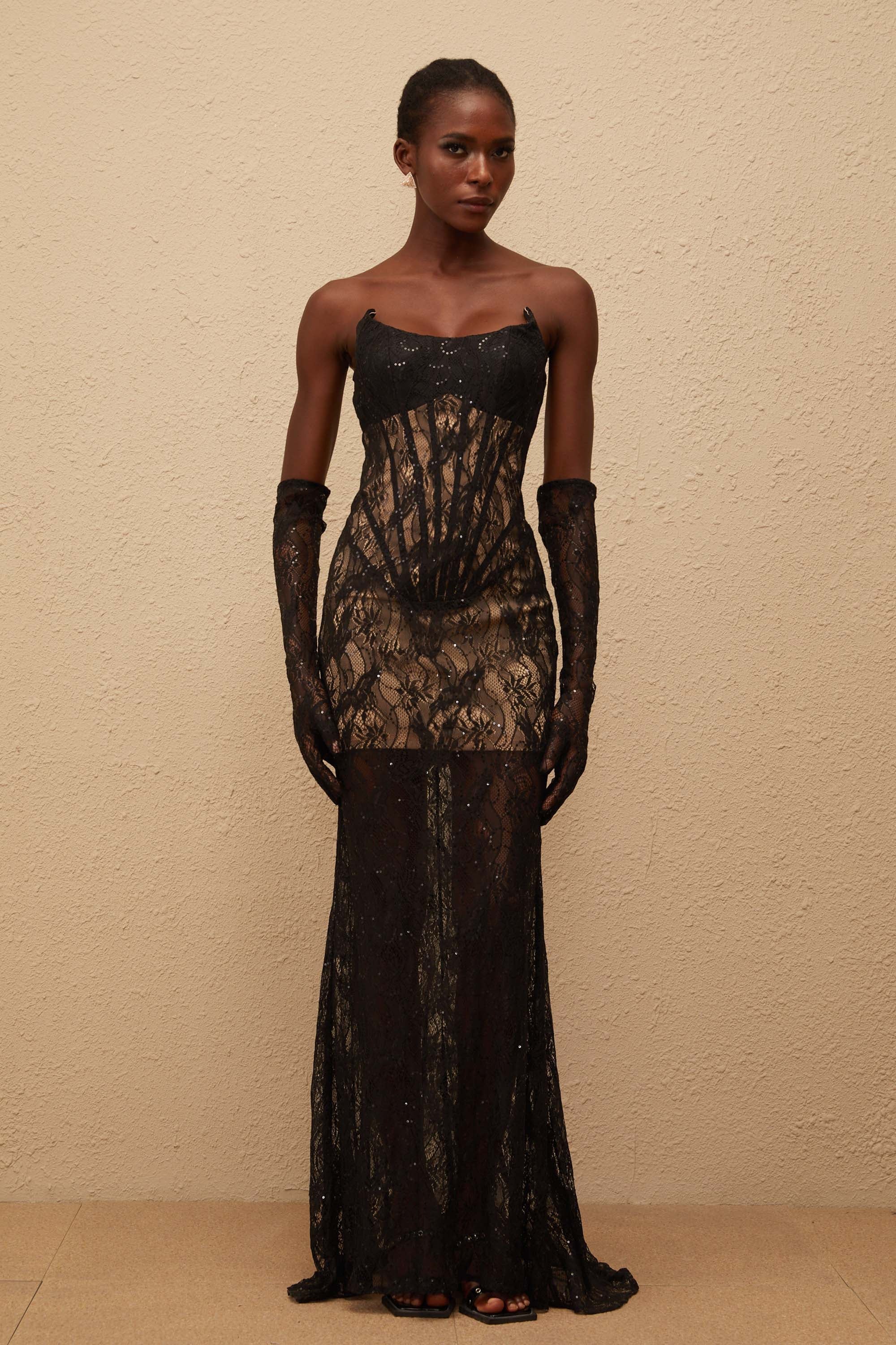 Bertille Black Floral Lace Corset Maxi Dress (Final Sale)