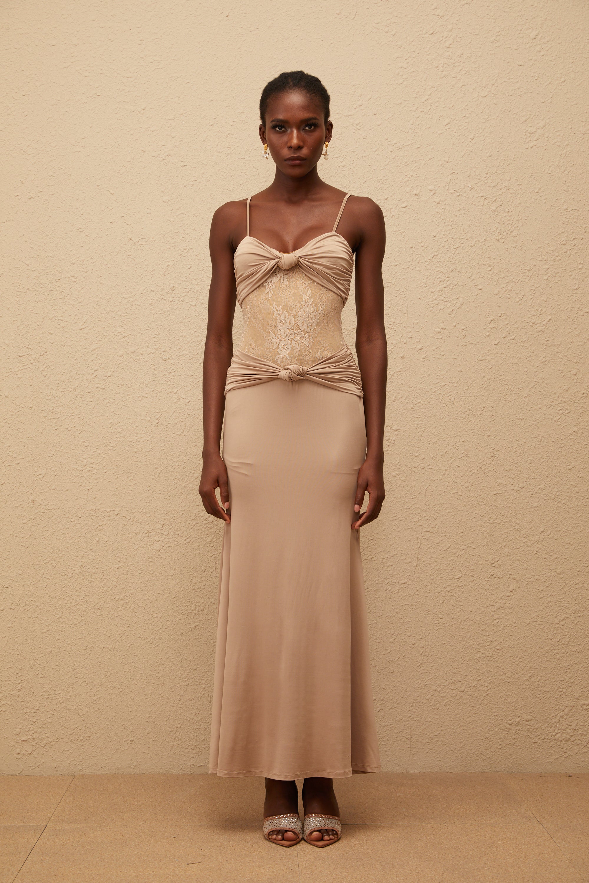 Nevaeh Khaki Twisted Lace Panel Maxi Dress