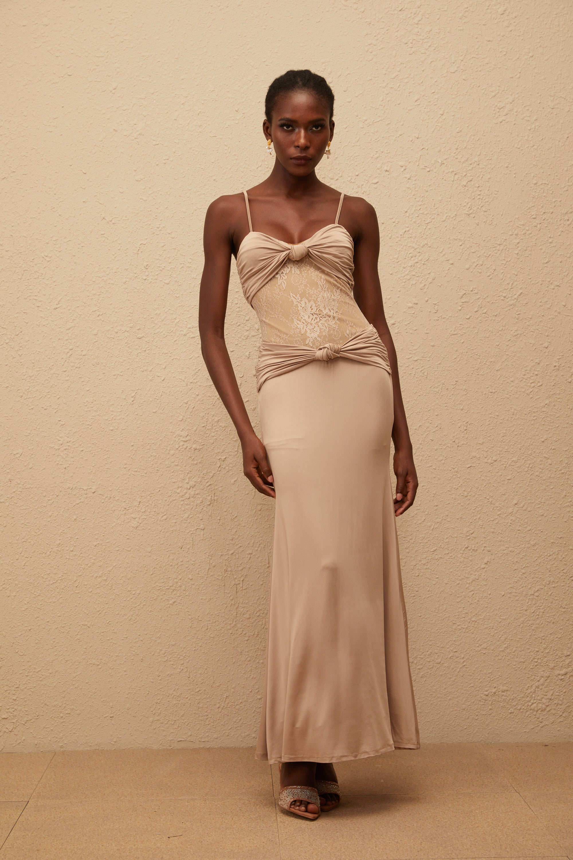 Nevaeh Khaki Twisted Lace Panel Maxi Dress