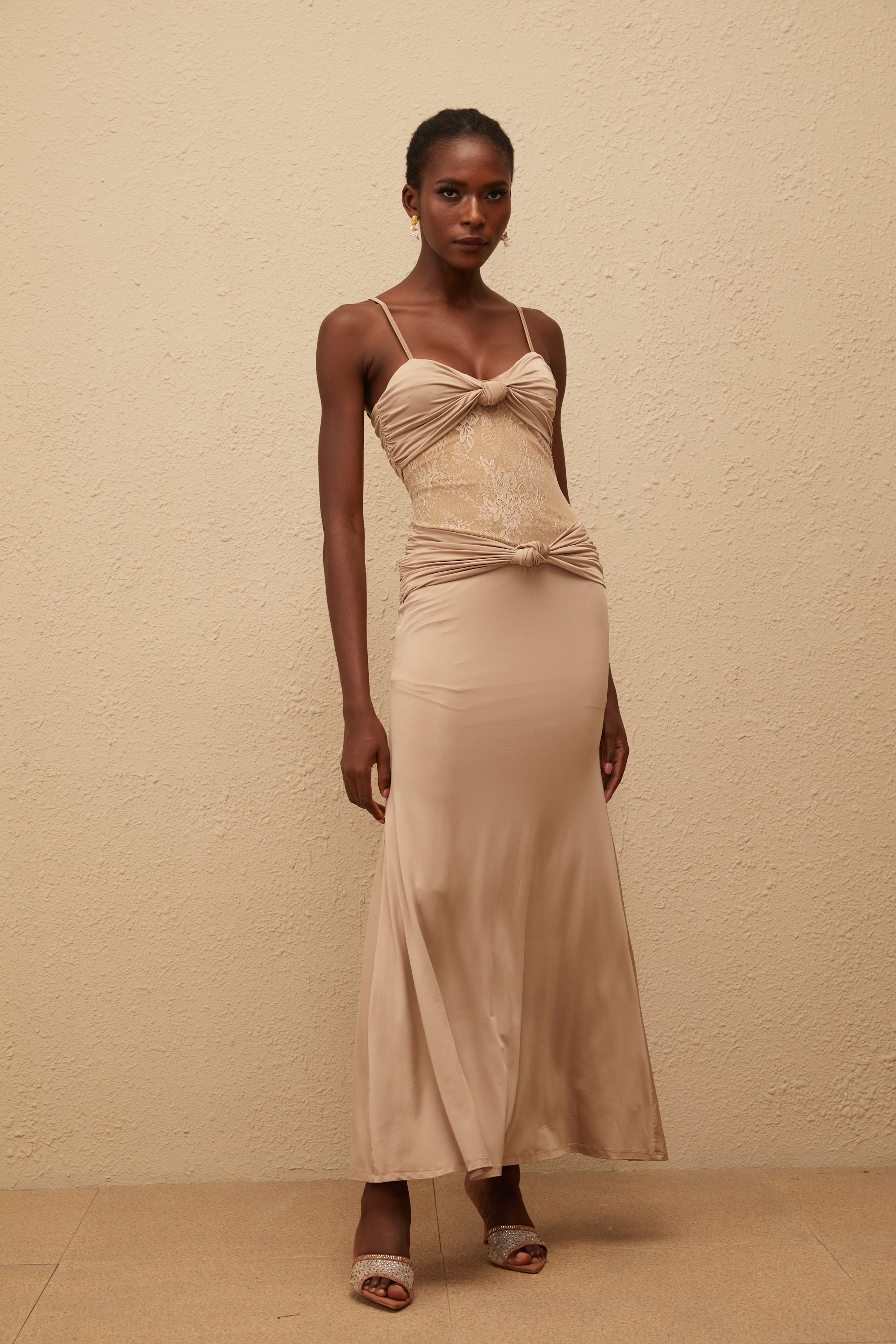 Nevaeh Khaki Twisted Lace Panel Maxi Dress