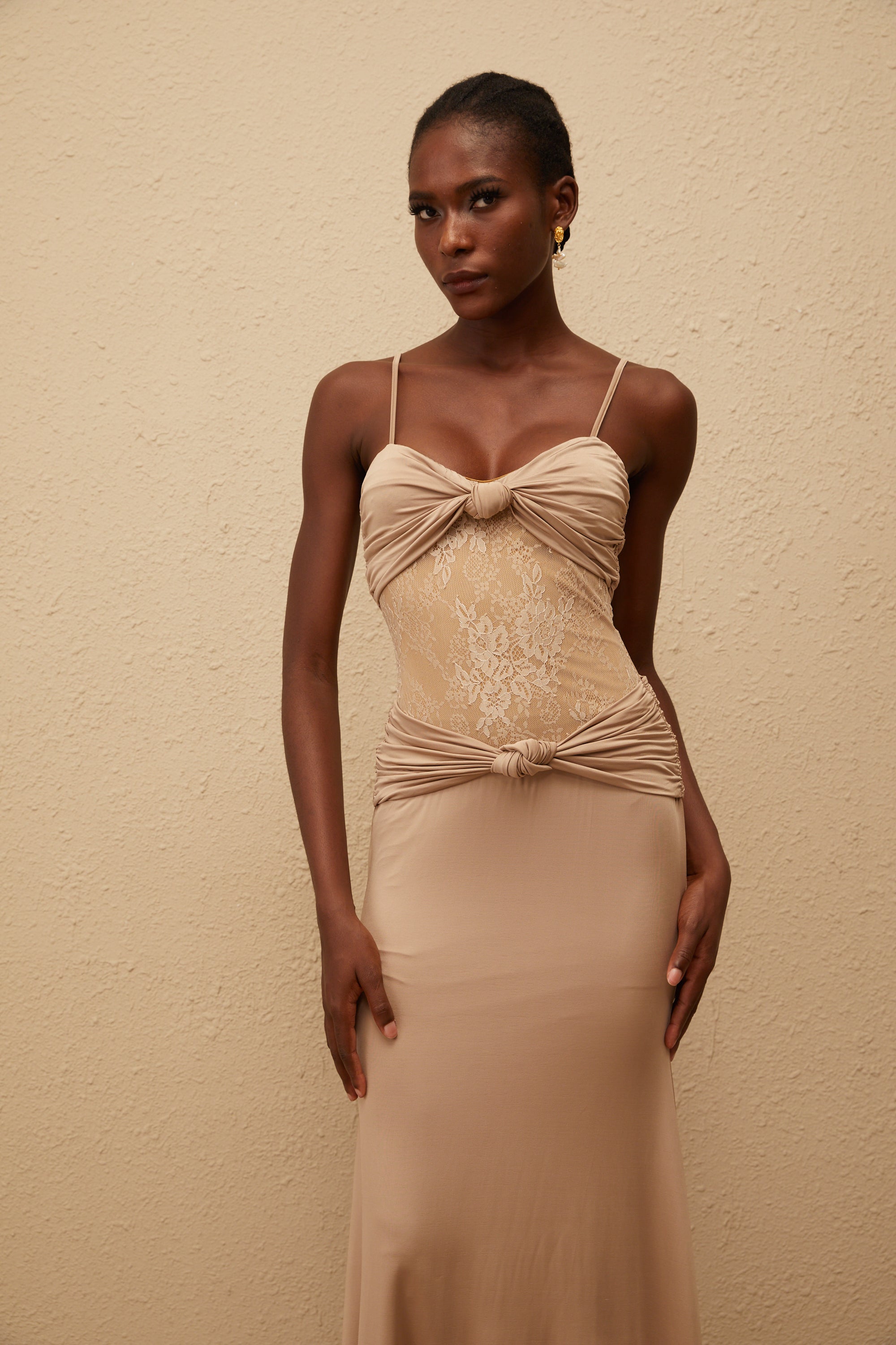 Nevaeh Khaki Twisted Lace Panel Maxi Dress