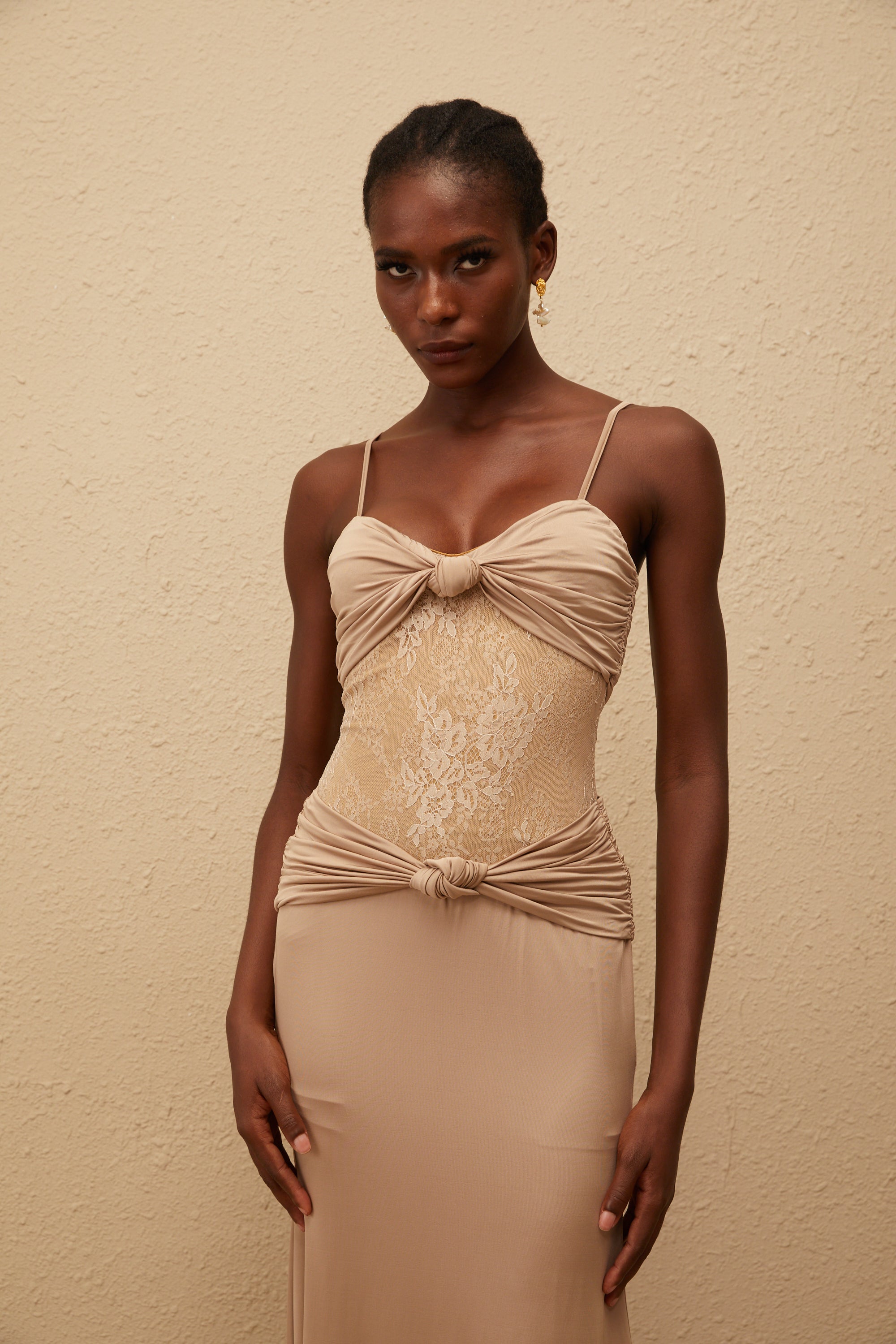 Nevaeh Khaki Twisted Lace Panel Maxi Dress
