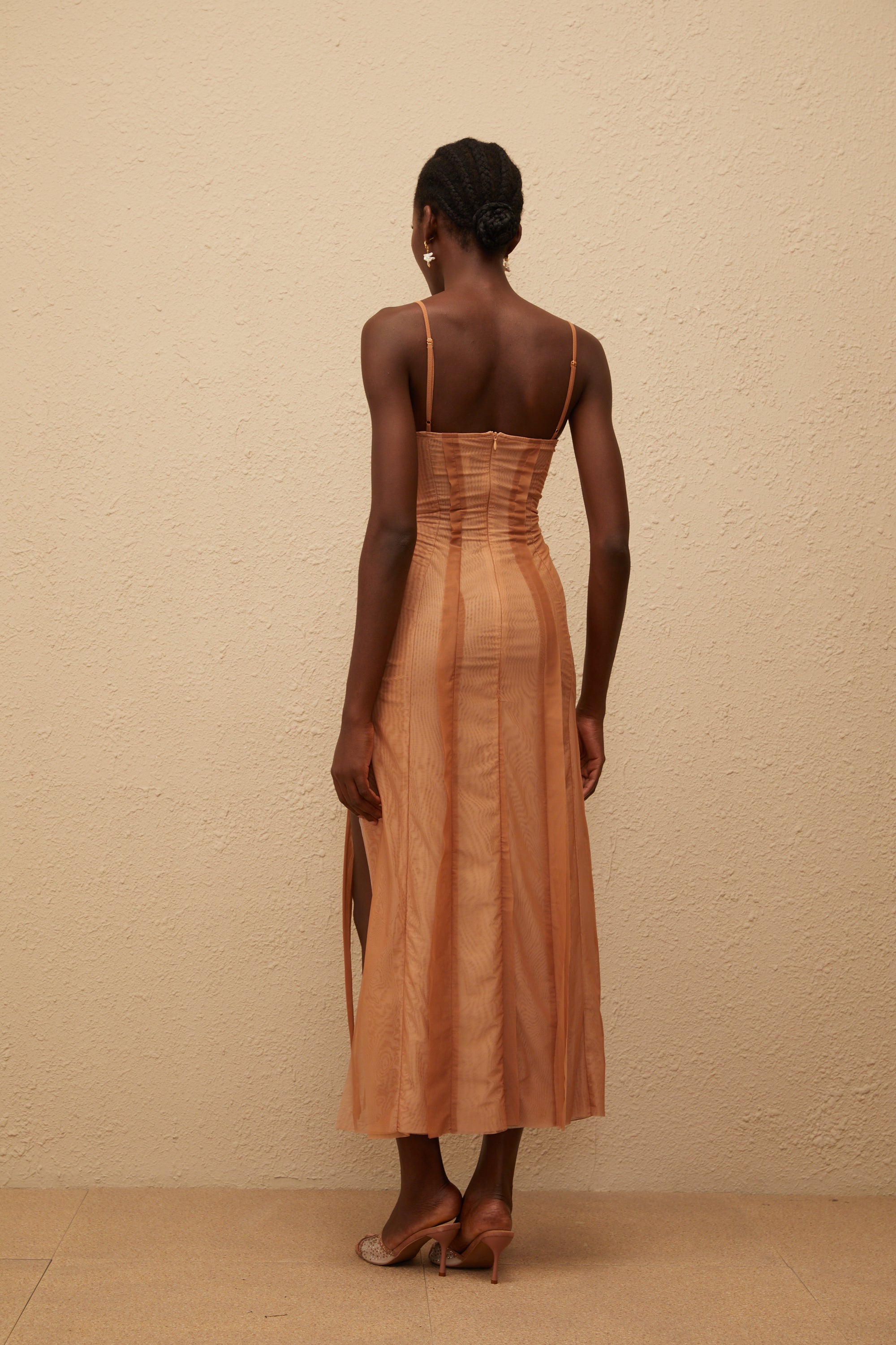 Roxane Brown Asymmetrical Tulle Maxi Dress