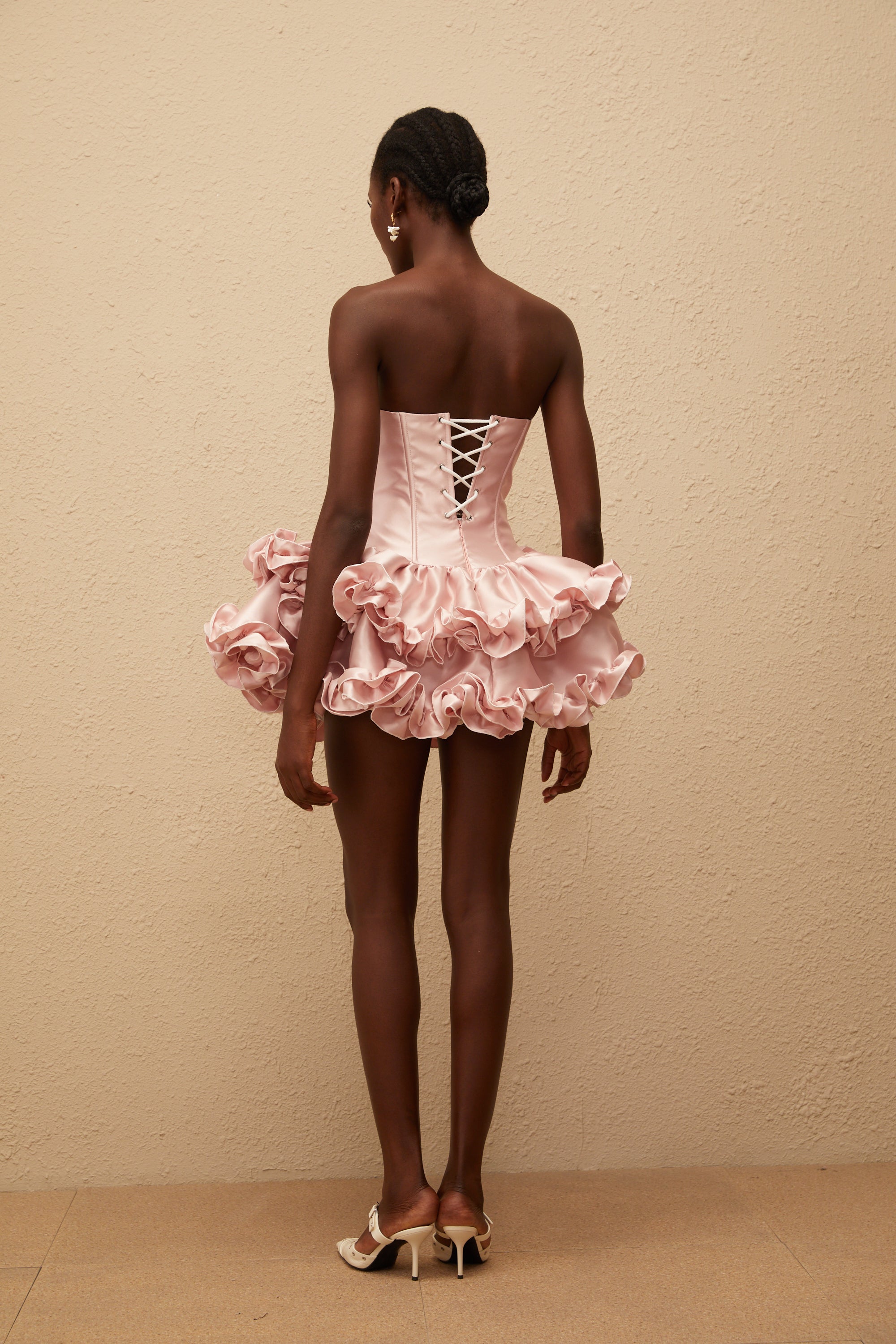 Laurine Pink Ruffled Satin Mini Dress