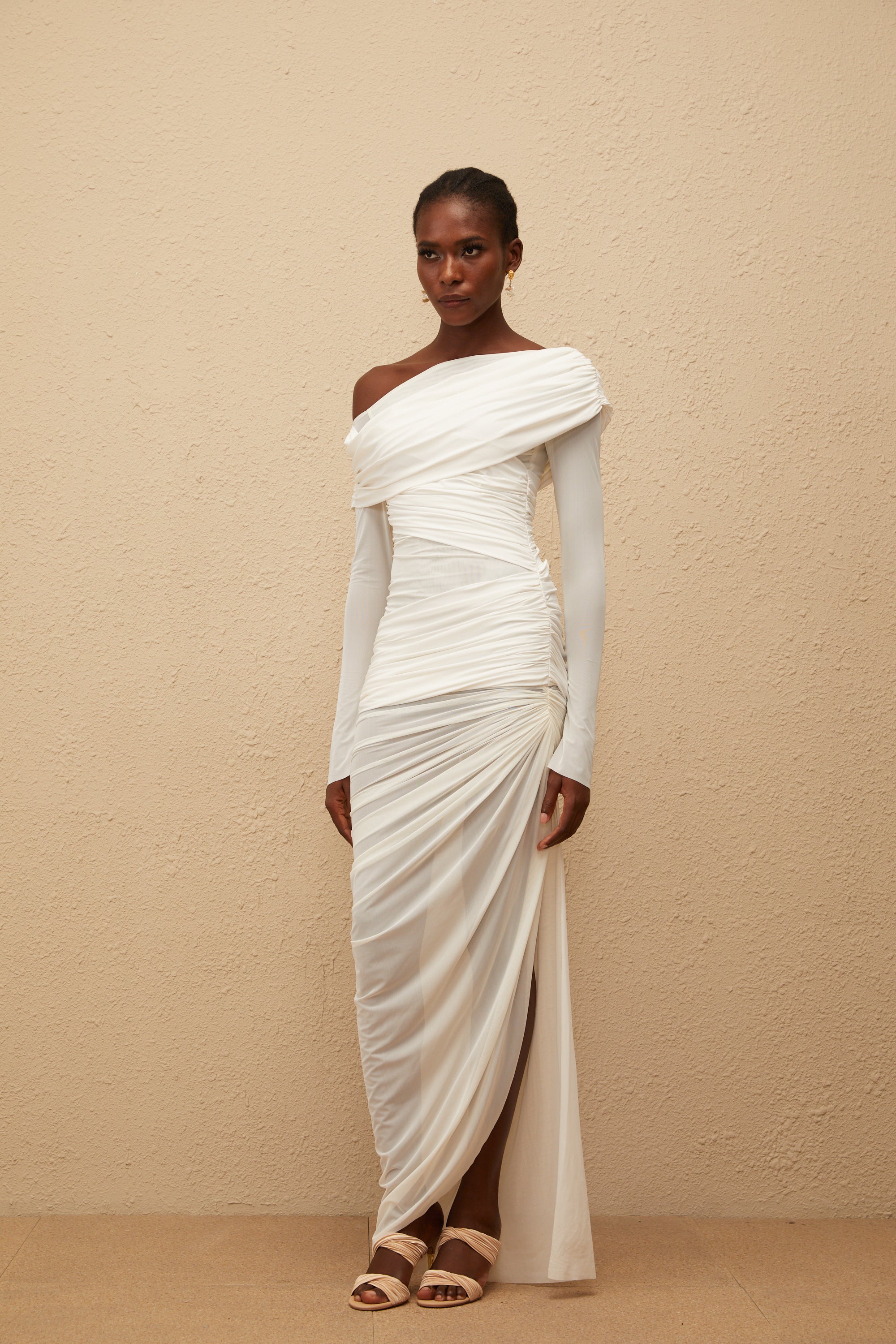 Melanie White Asymmetrical Ruched Mesh Maxi Dress (Final Sale-US Only)