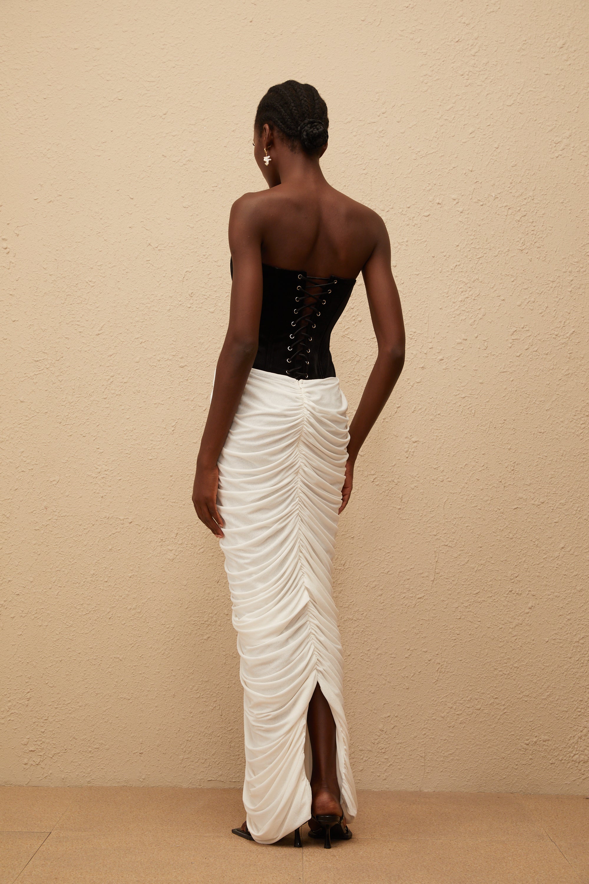 Iris Black Velvet Panel Ruched Maxi Dress