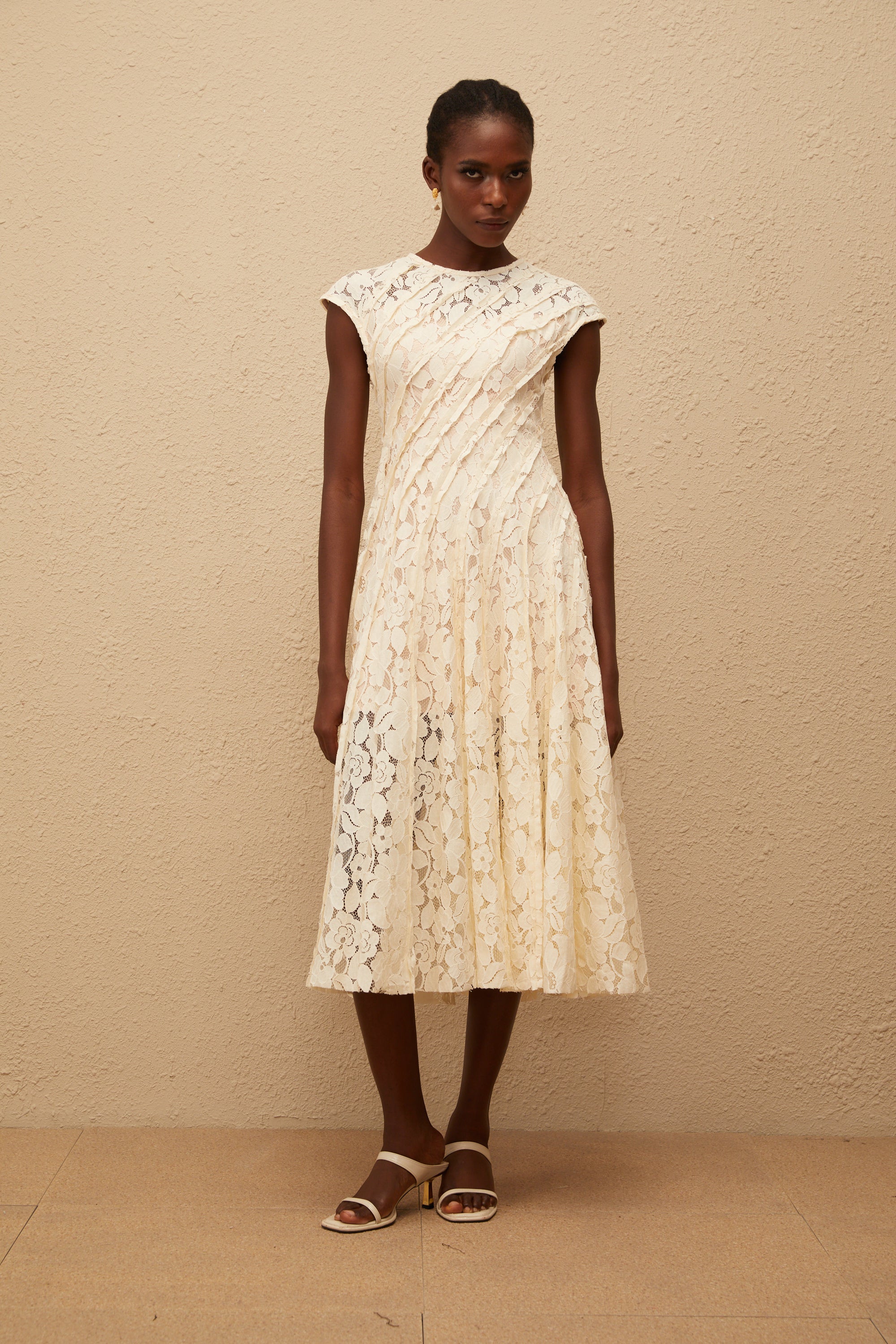 Adèle Neutral Floral Lace Midi Dress