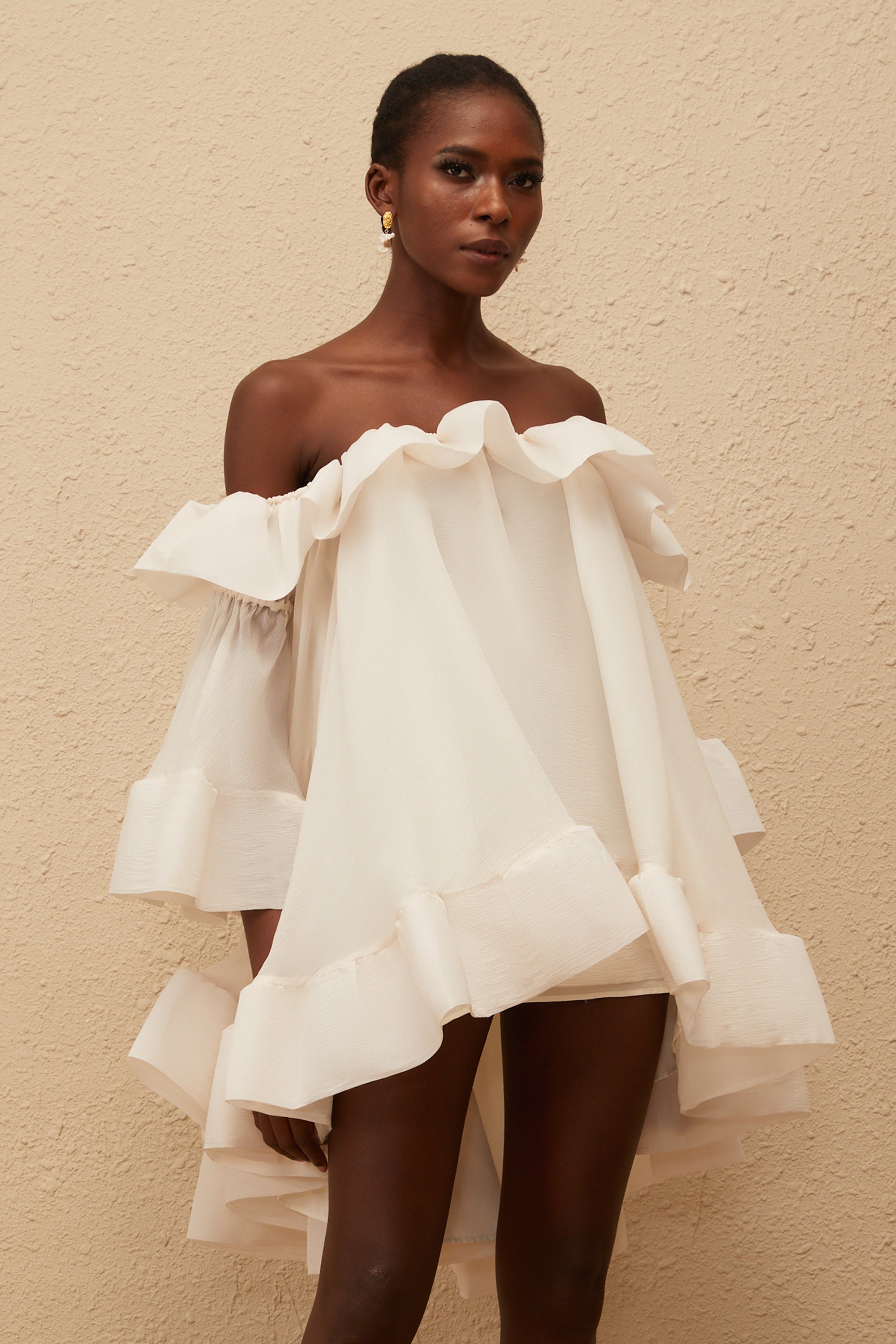 Flavie White Off Shoulder Ruffled Mini Dress