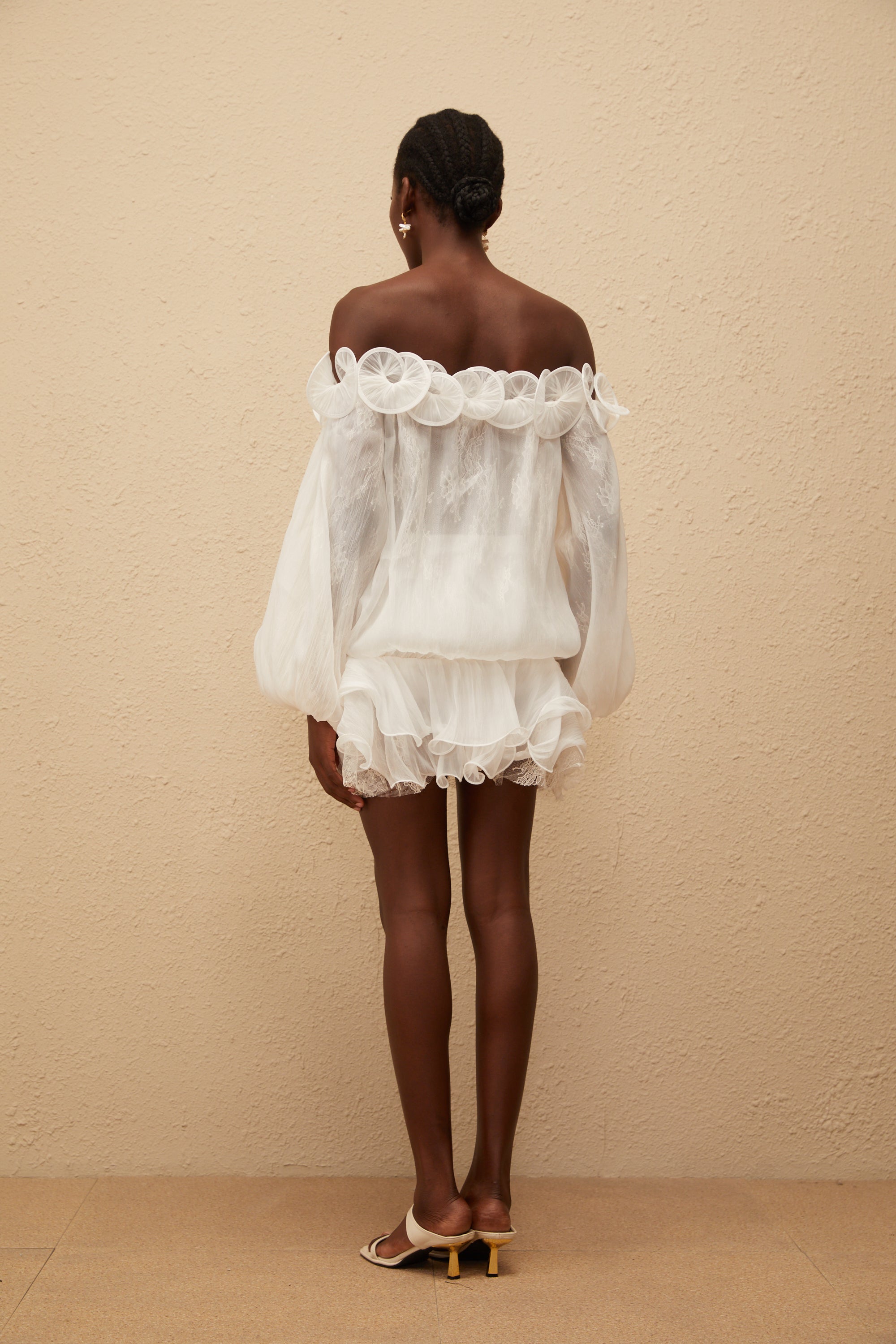 Elise White Crinkled Floral Appliqué Blouse & Skirt Set