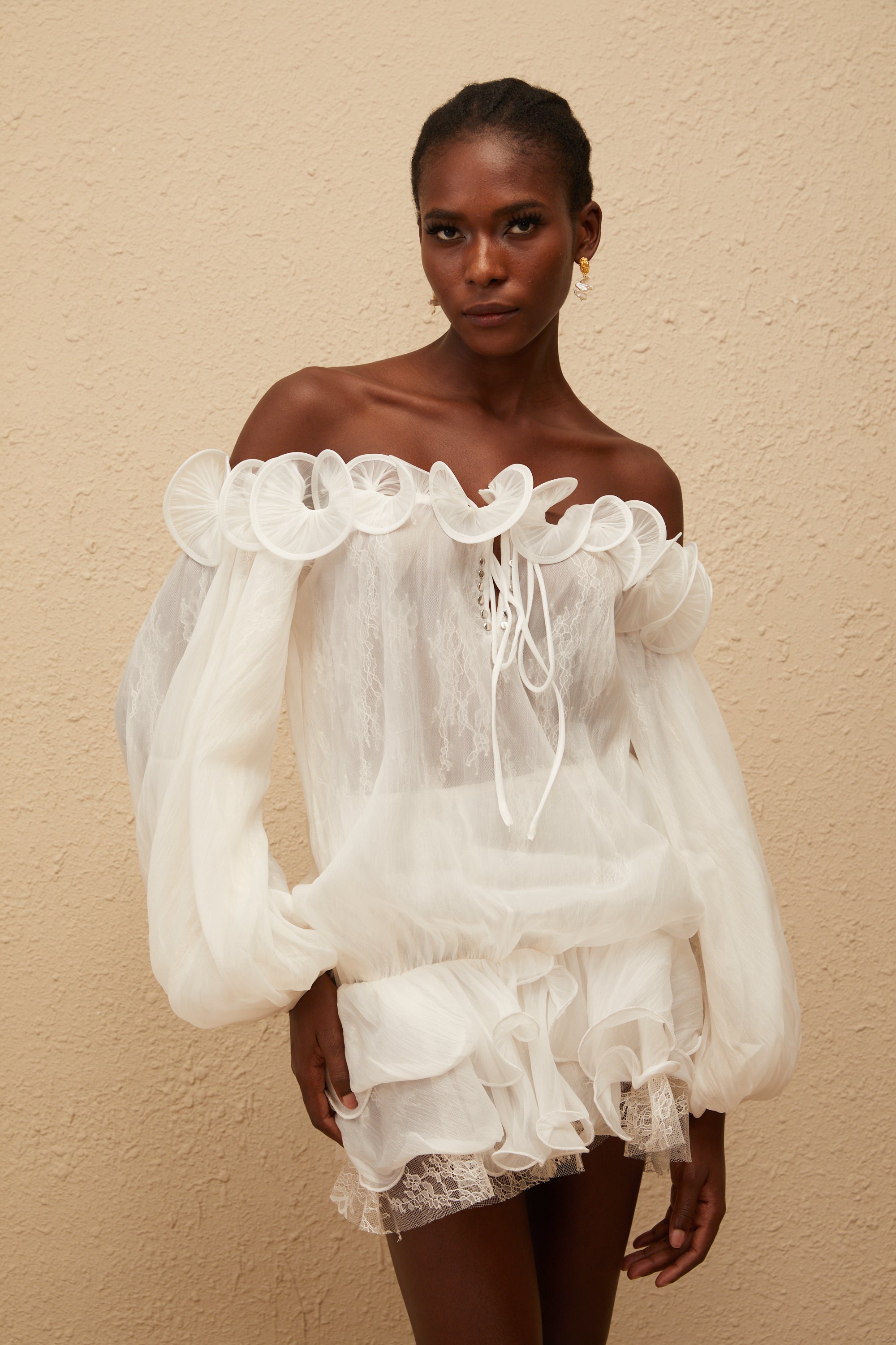 Elise White Crinkled Floral Appliqué Blouse & Skirt Set