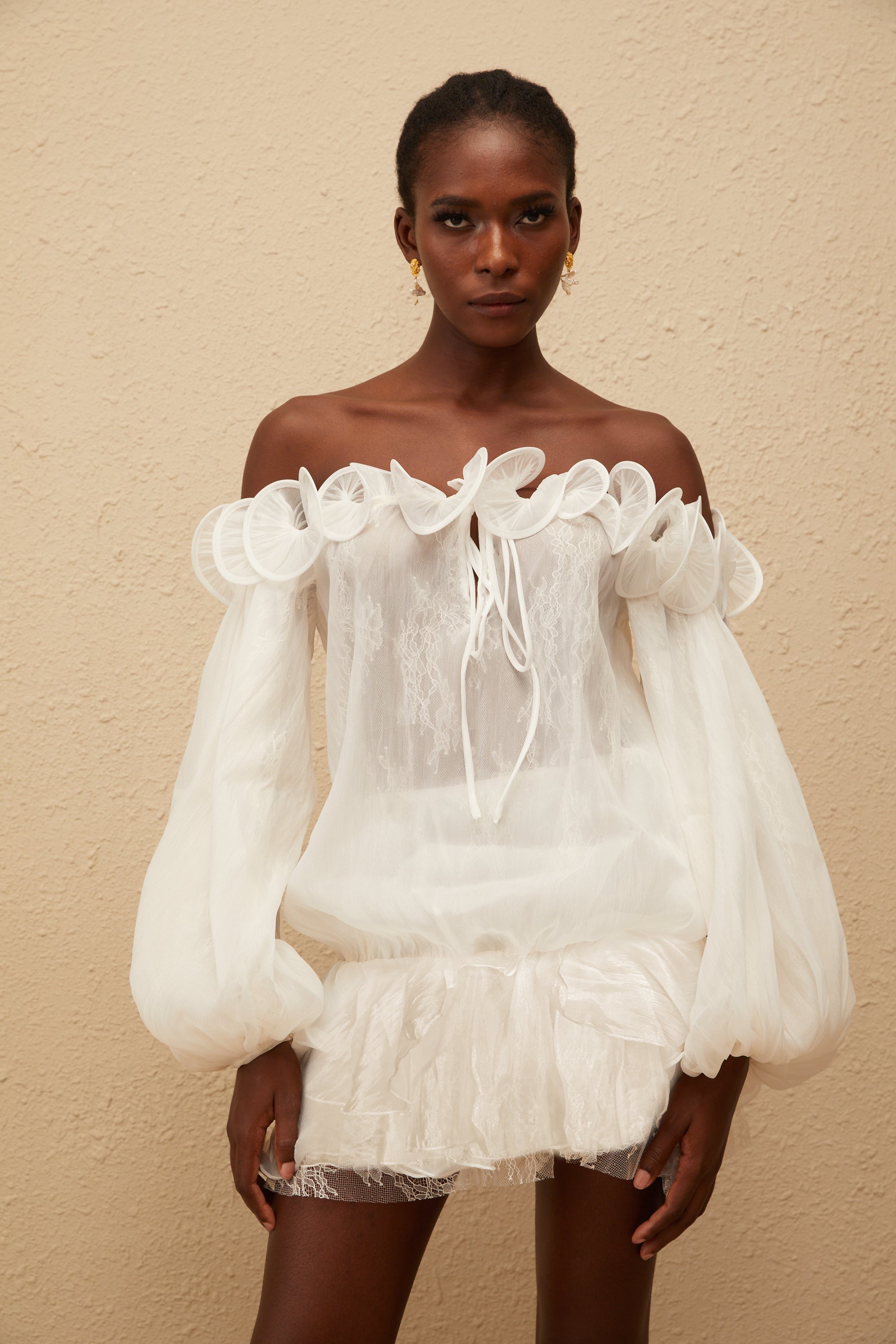 Elise White Crinkled Floral Appliqué Mini Dress (Final Sale-US Only)