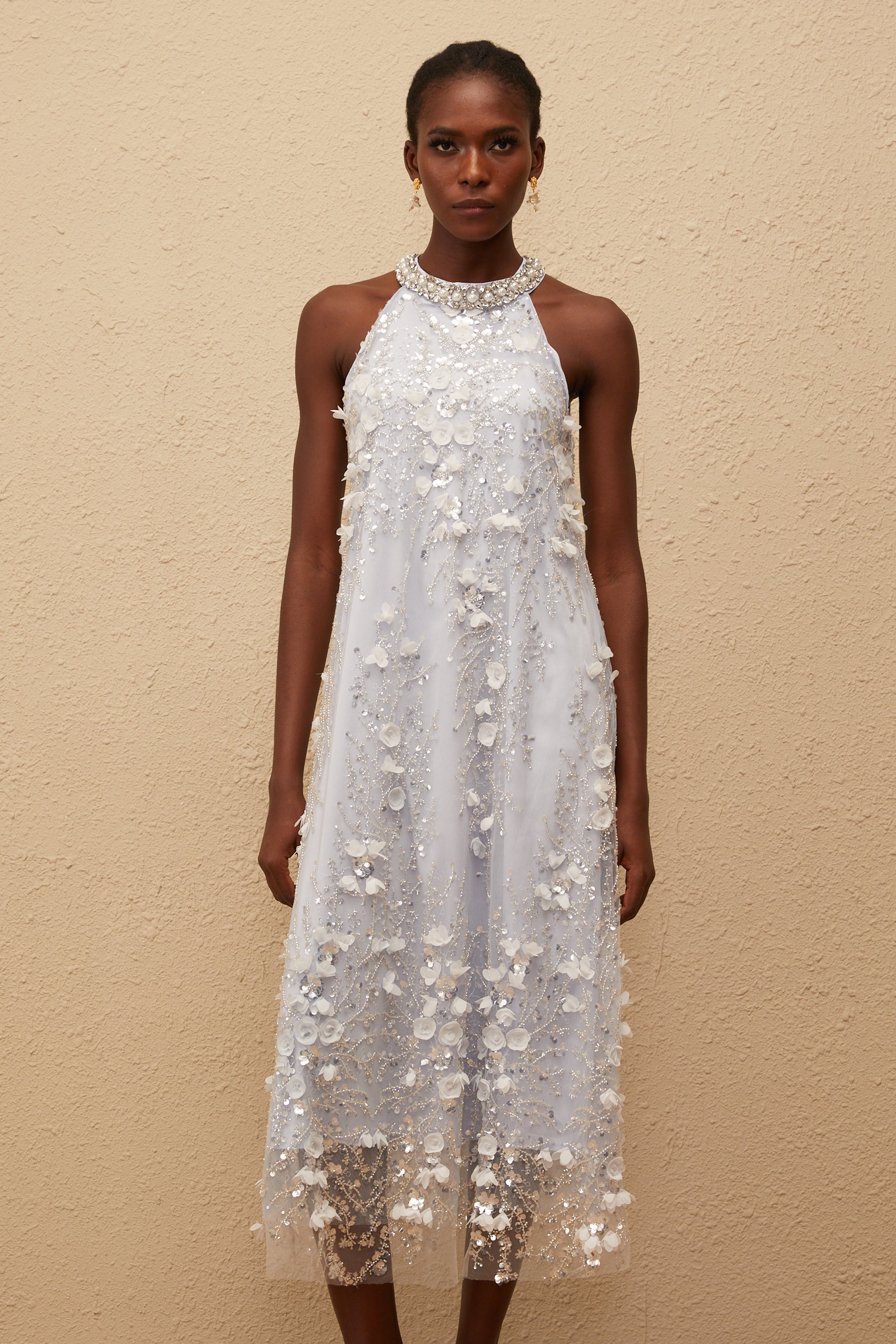 Quitterie Blue Embellished Floral Tulle Midi Dress (Final Sale-US Only)