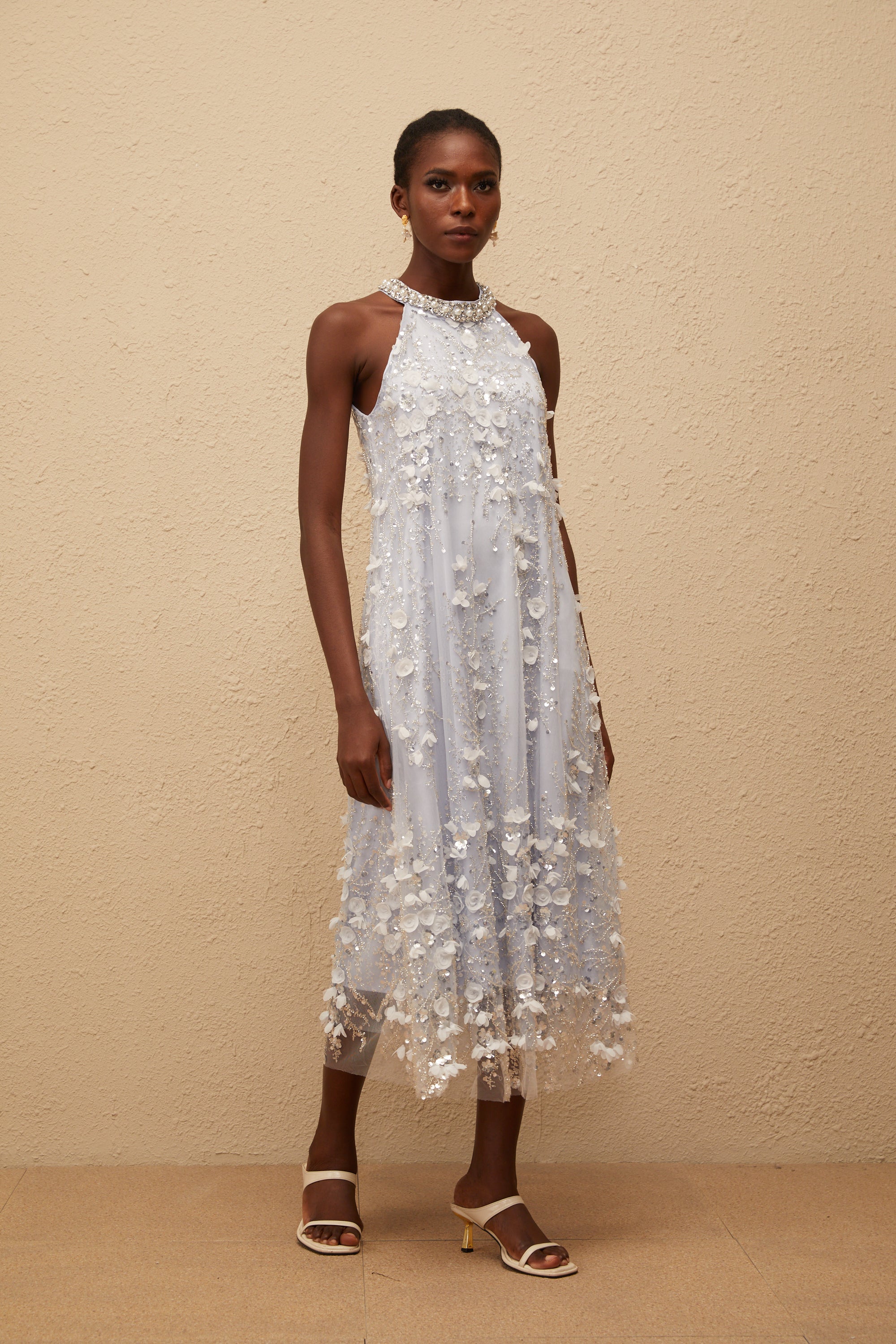 Quitterie Blue Embellished Floral Tulle Midi Dress