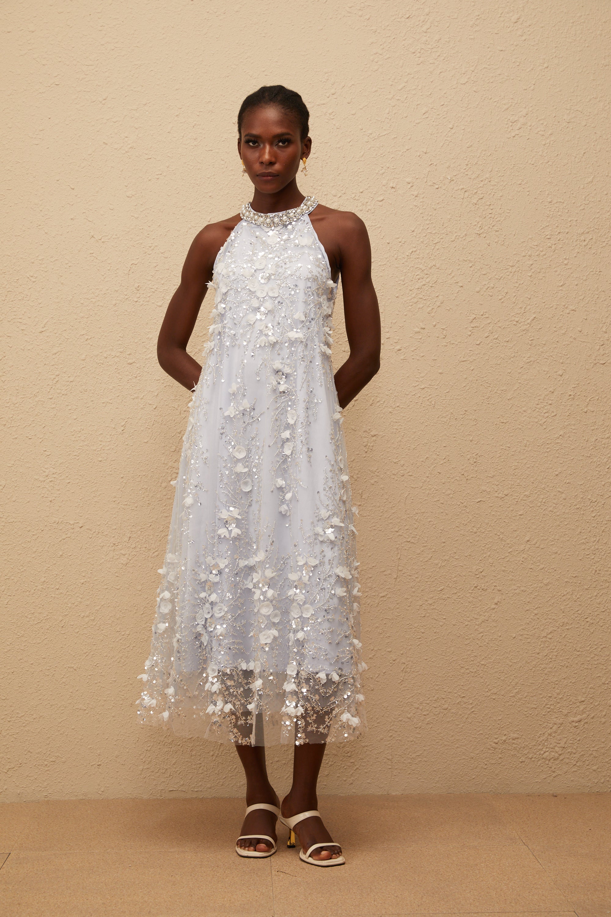 Quitterie Blue Embellished Floral Tulle Midi Dress (Final Sale-US Only)