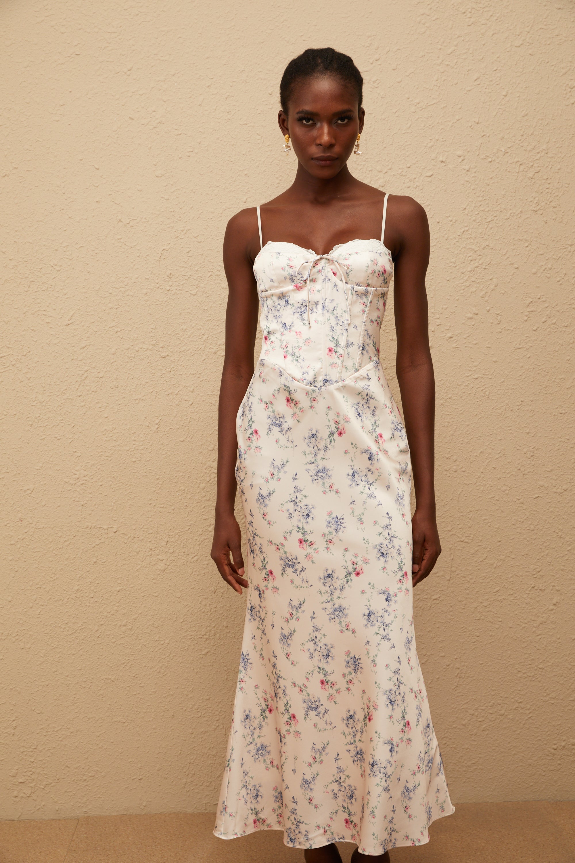 Angeliki White Floral Print Satin Maxi Dress