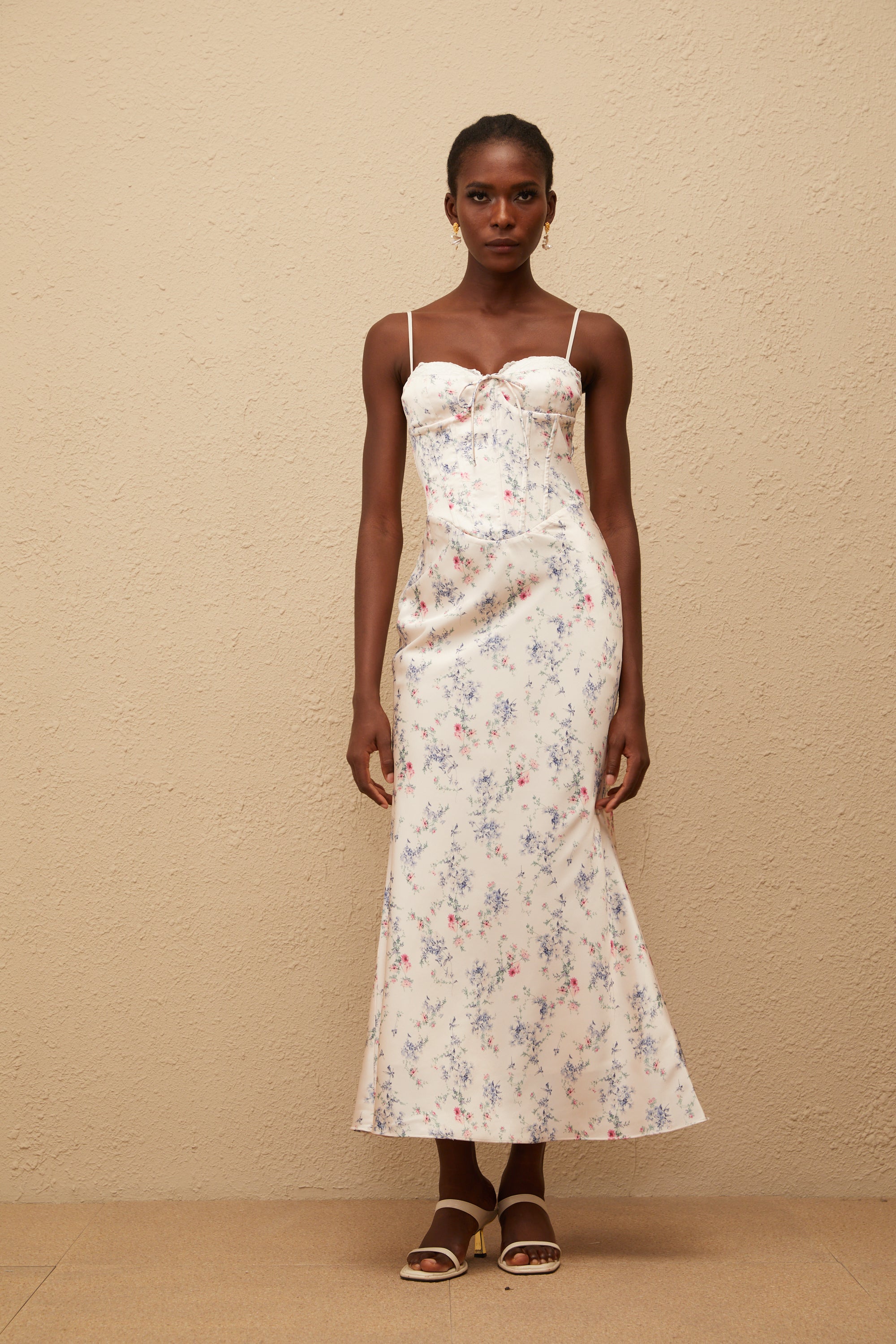 Angeliki White Floral Print Satin Maxi Dress