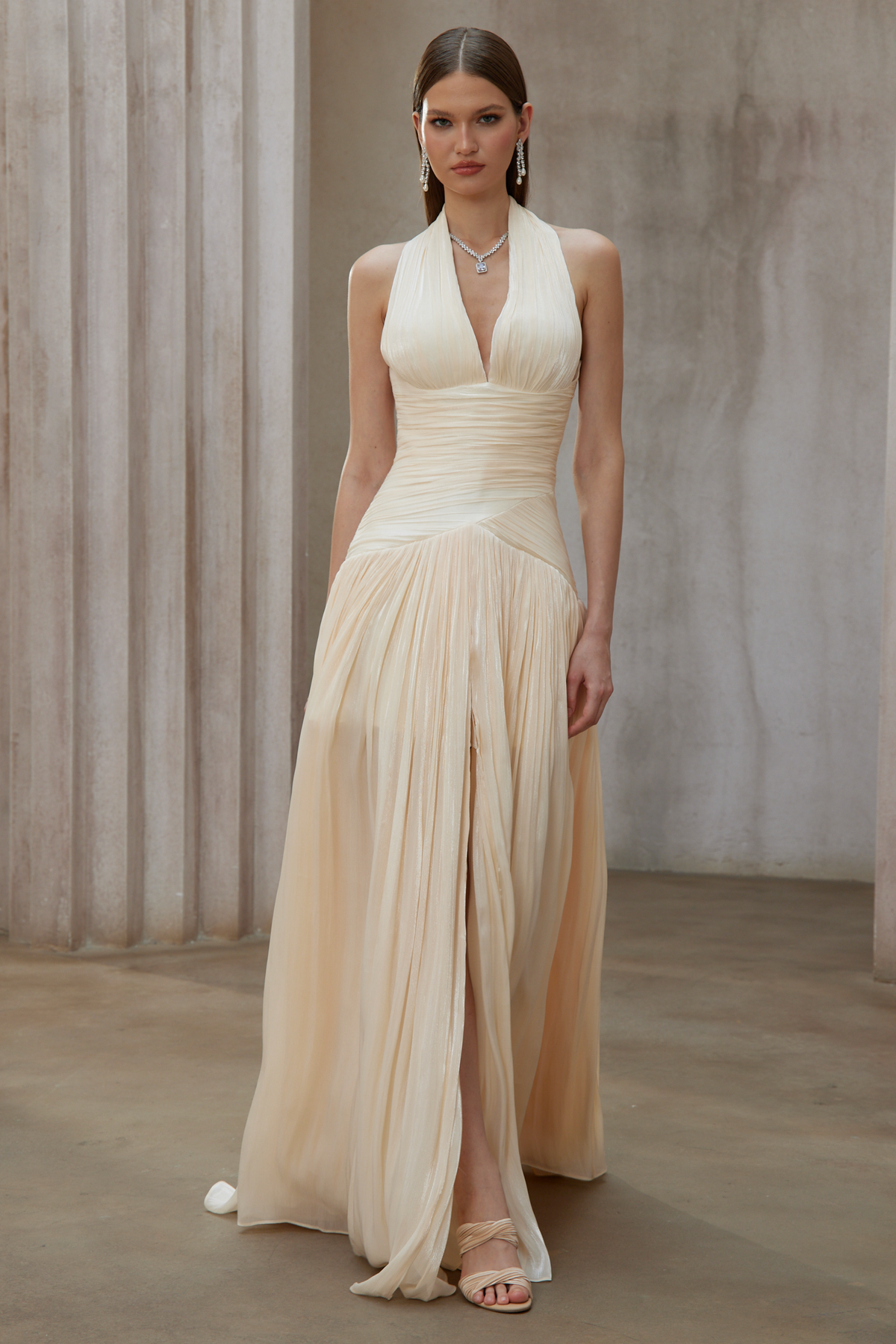 uranie neutral gathered maxi dress