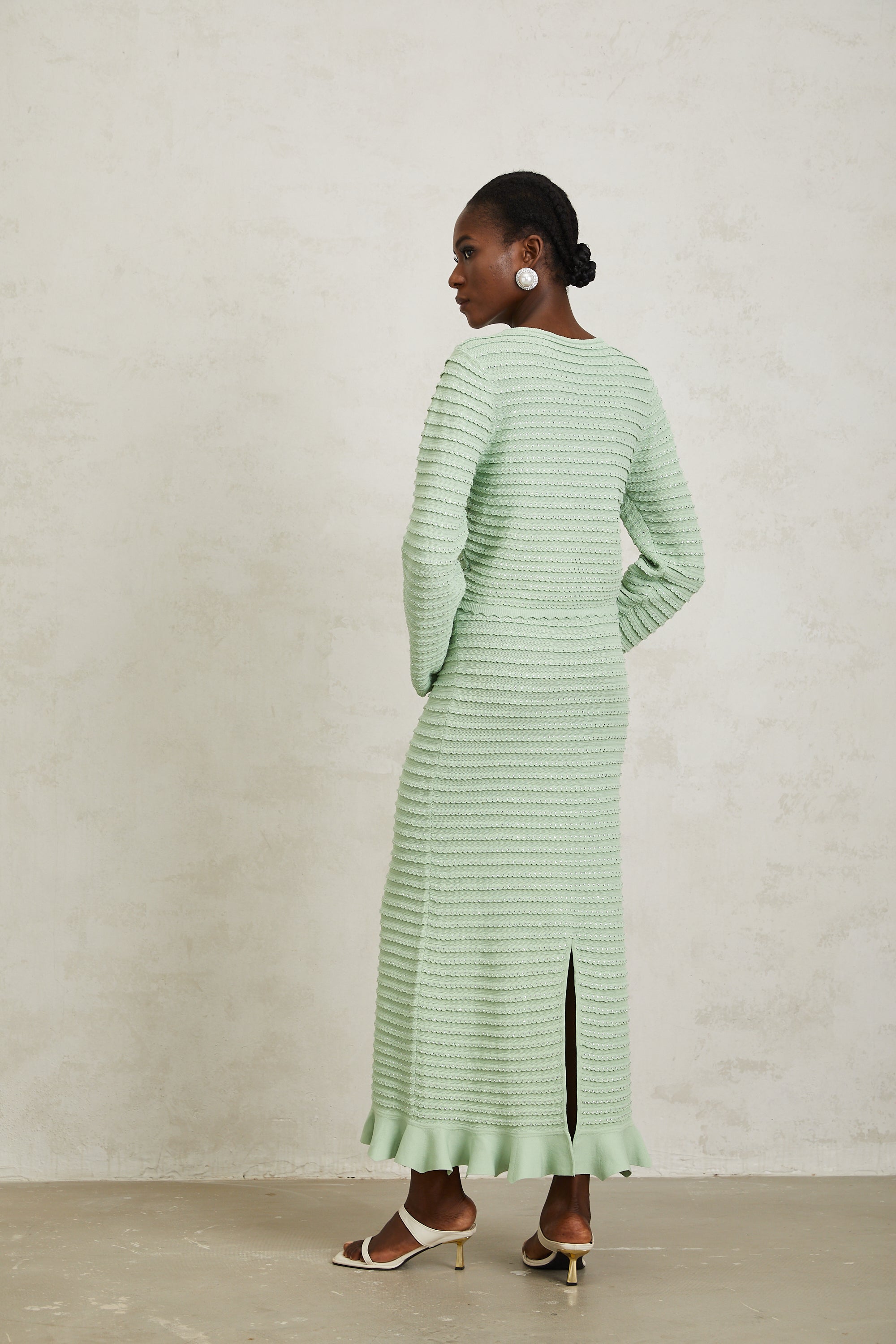 Colette Green Rhinestone Wavy Knit Cardigan & Skirt Set