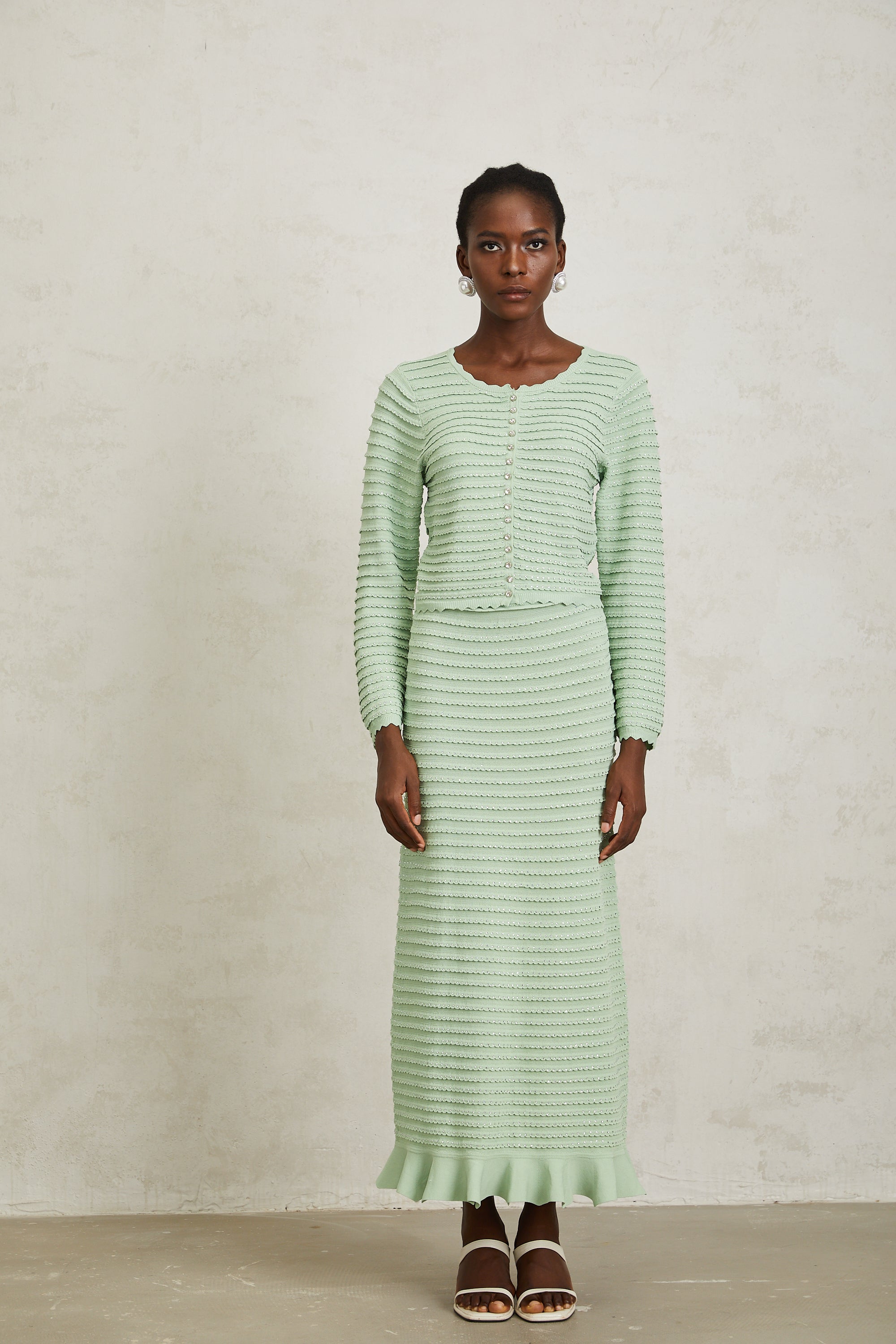Colette Green Rhinestone Wavy Knit Cardigan & Skirt Set