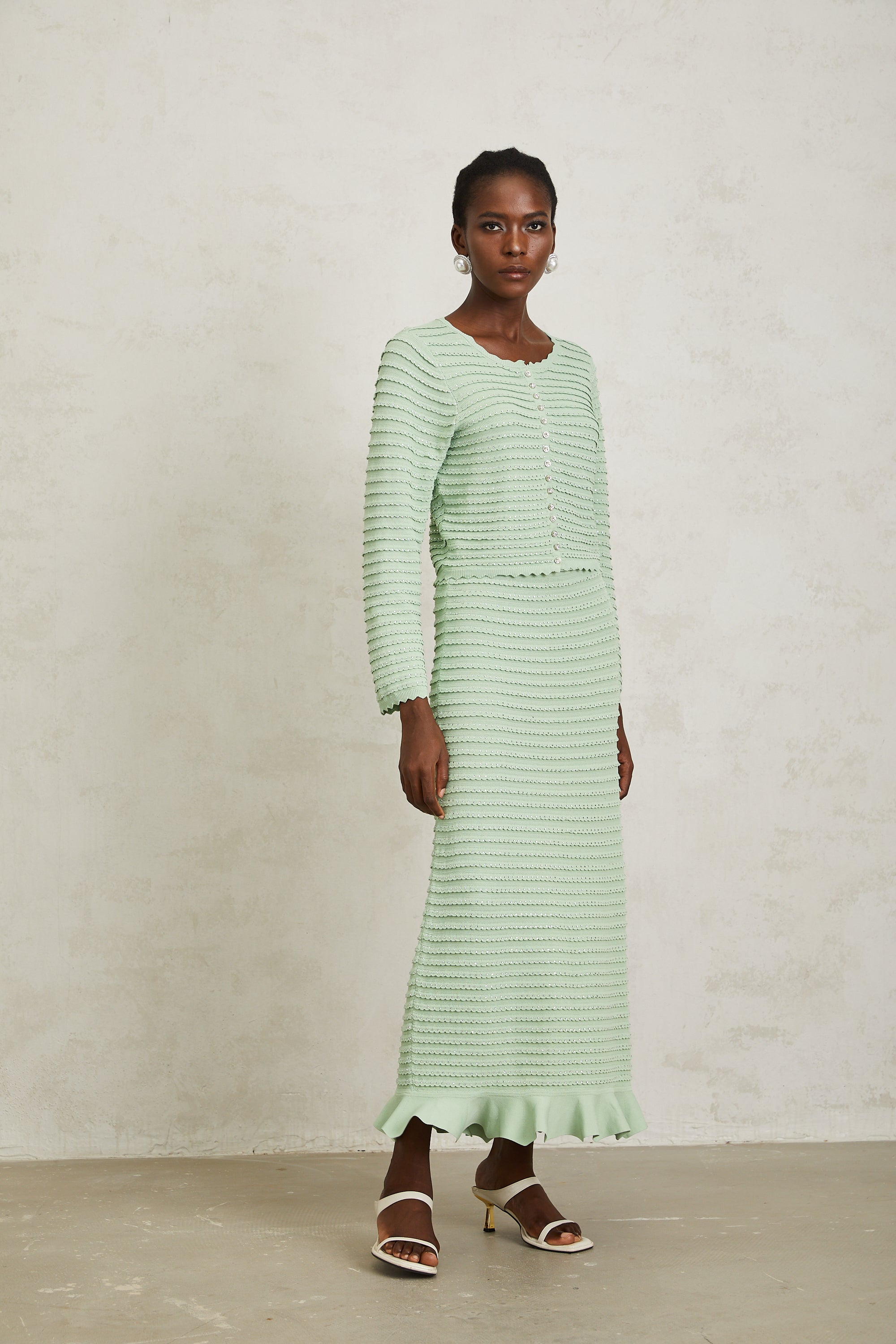 Colette Green Rhinestone Wavy Knit Cardigan & Skirt Set