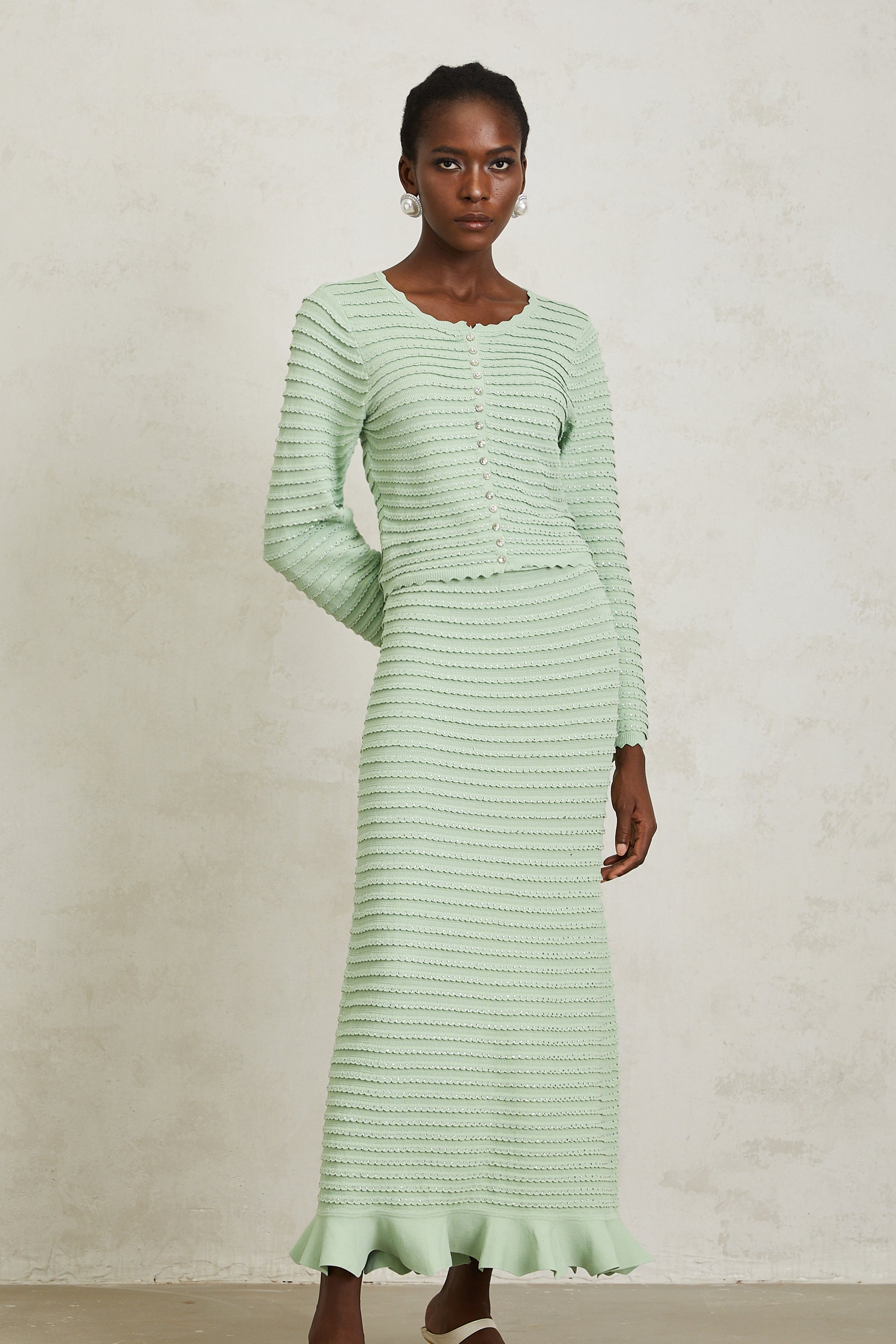 Colette Green Rhinestone Wavy Knit Cardigan & Skirt Set (Final Sale-US Only)