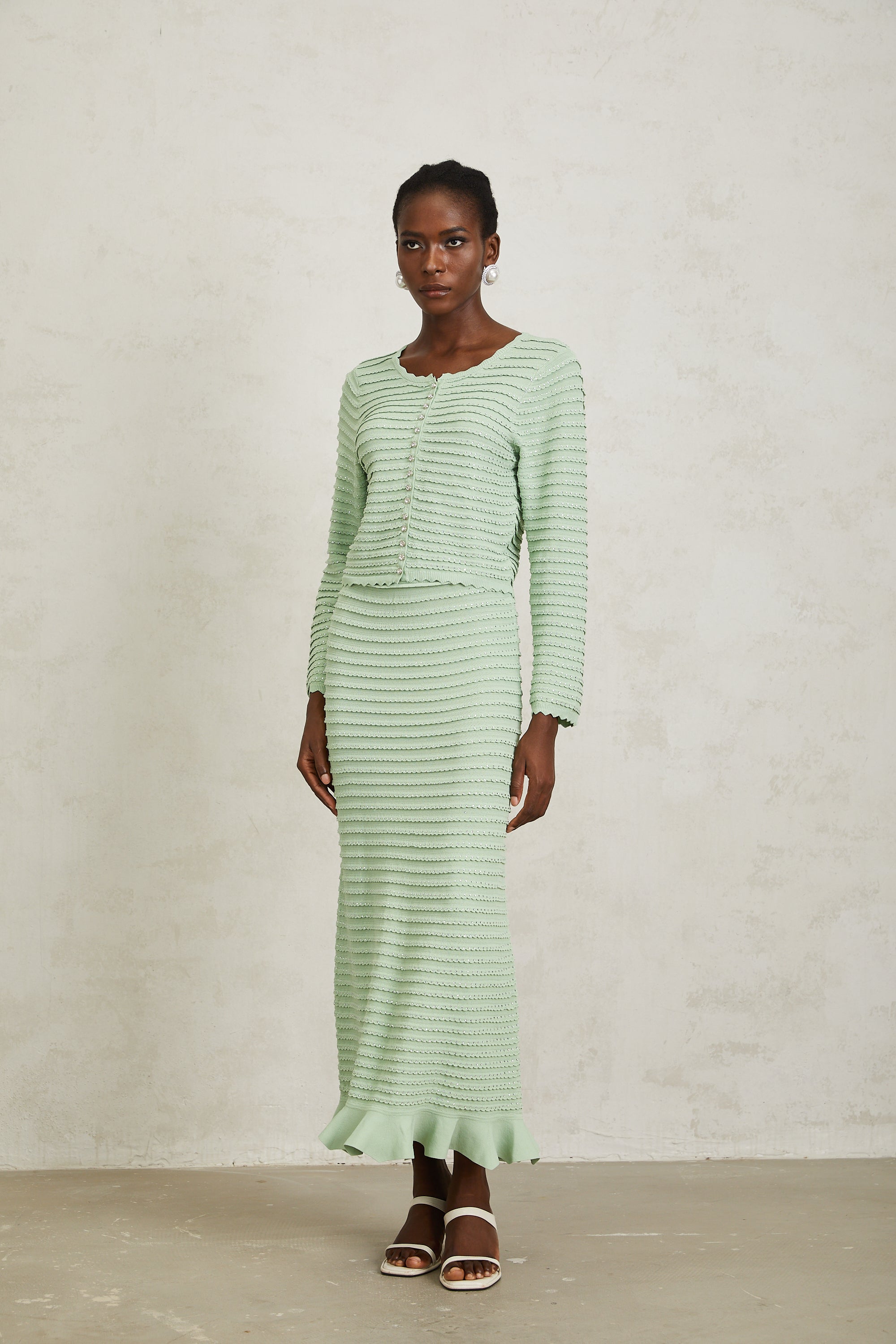 Colette Green Rhinestone Wavy Knit Cardigan & Skirt Set