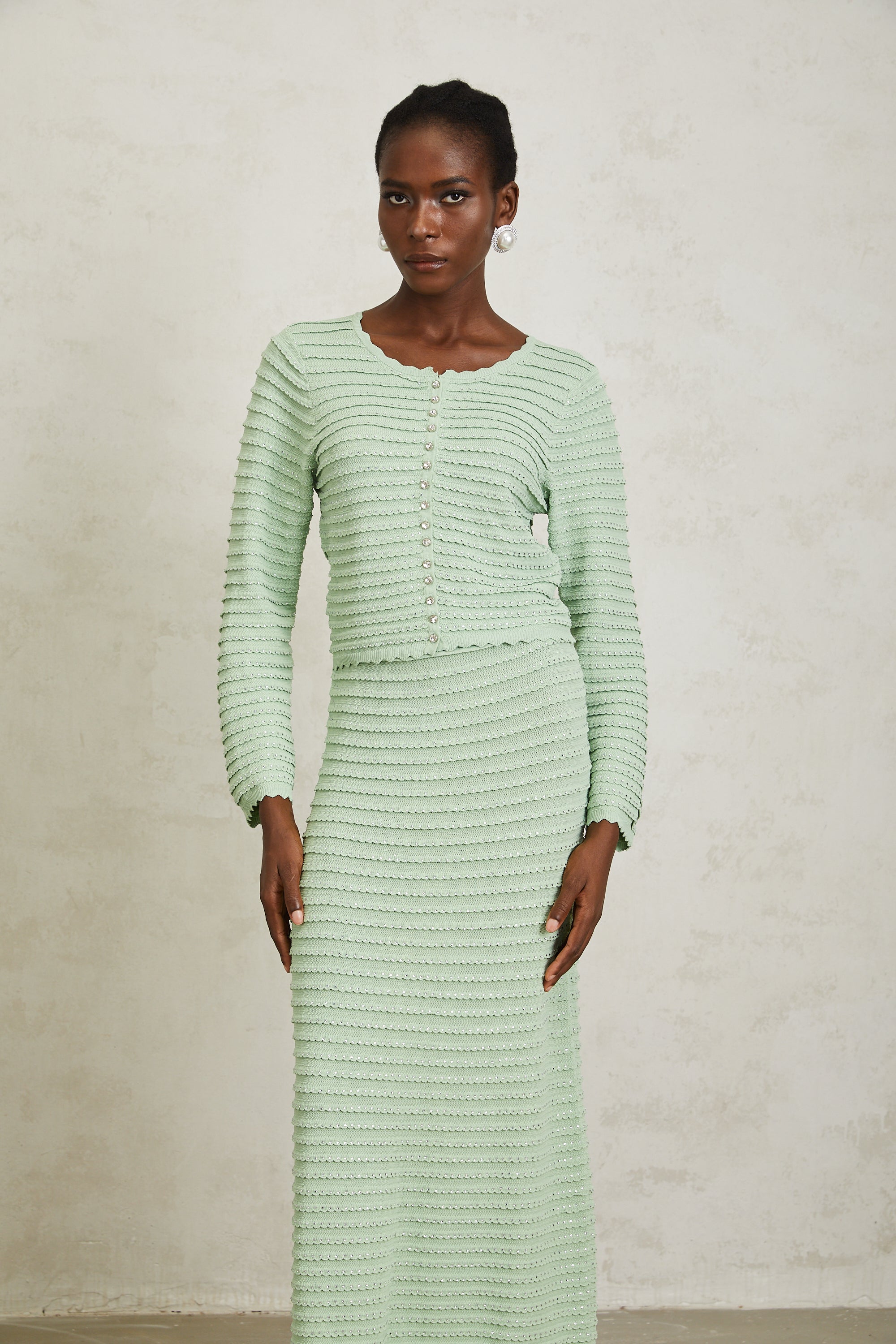 Colette Green Rhinestone Wavy Knit Cardigan & Skirt Set (Final Sale-US Only)