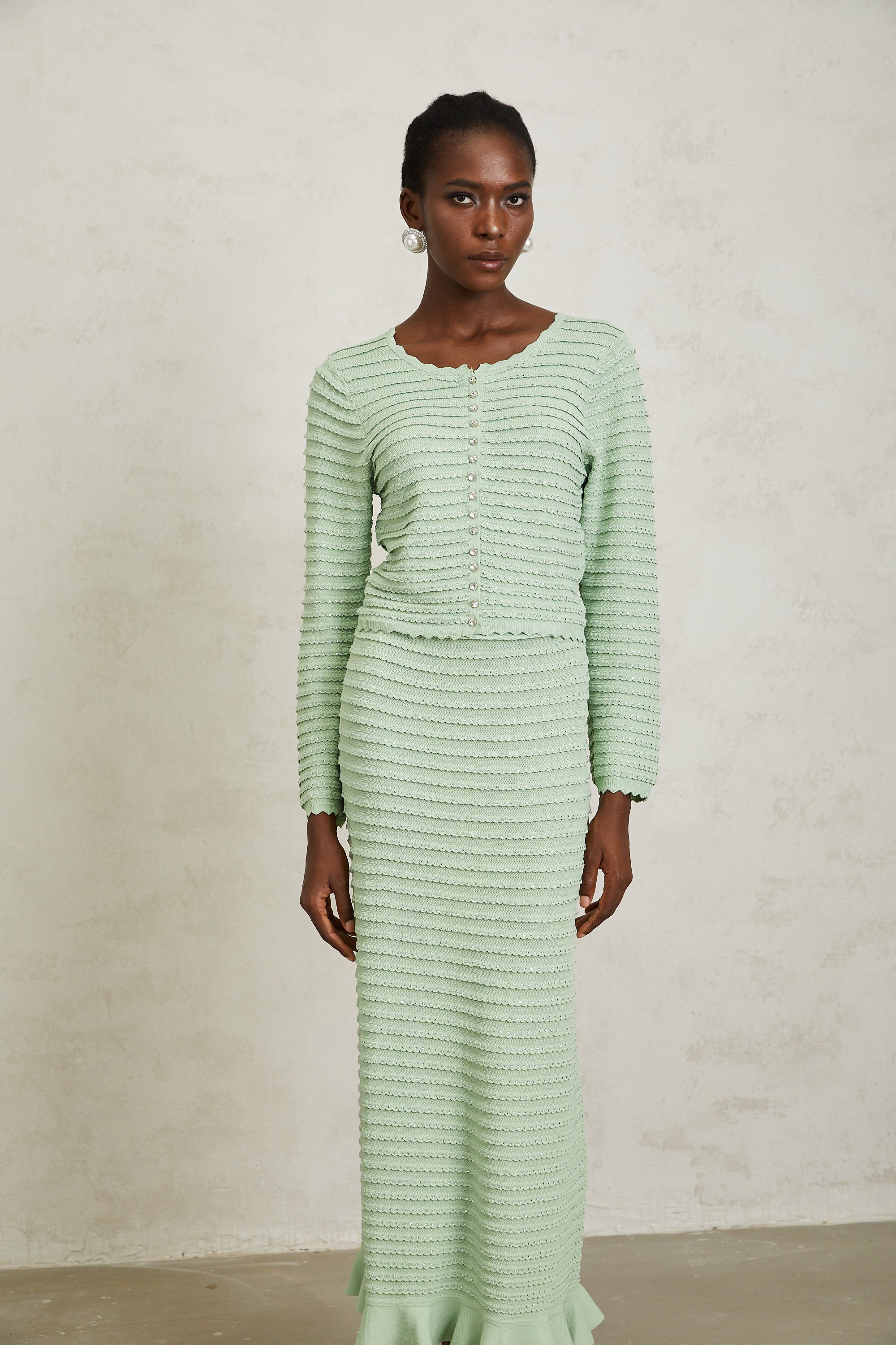 Colette Green Rhinestone Wavy Knit Cardigan & Skirt Set