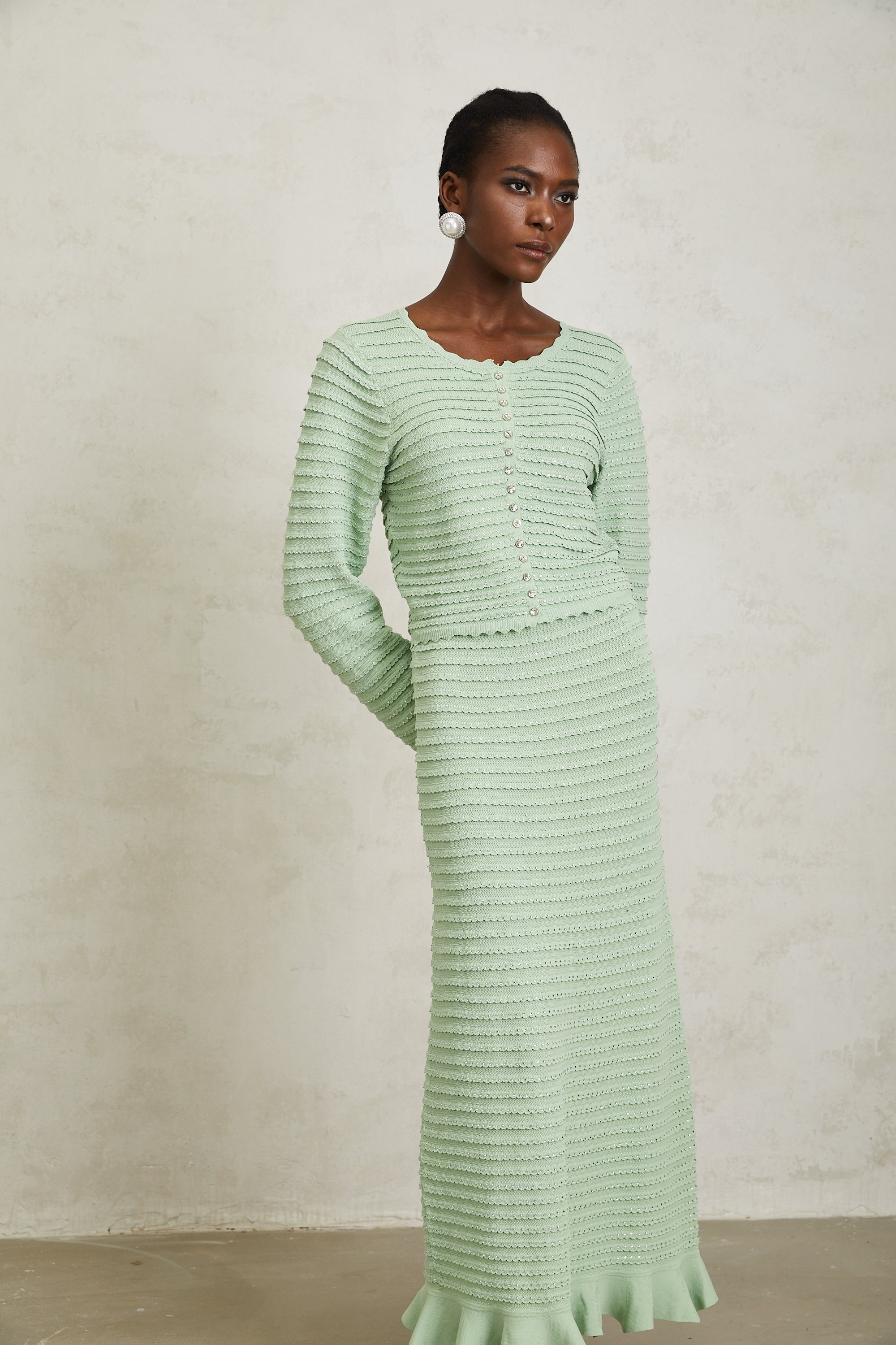 Colette Green Rhinestone Wavy Knit Cardigan & Skirt Set