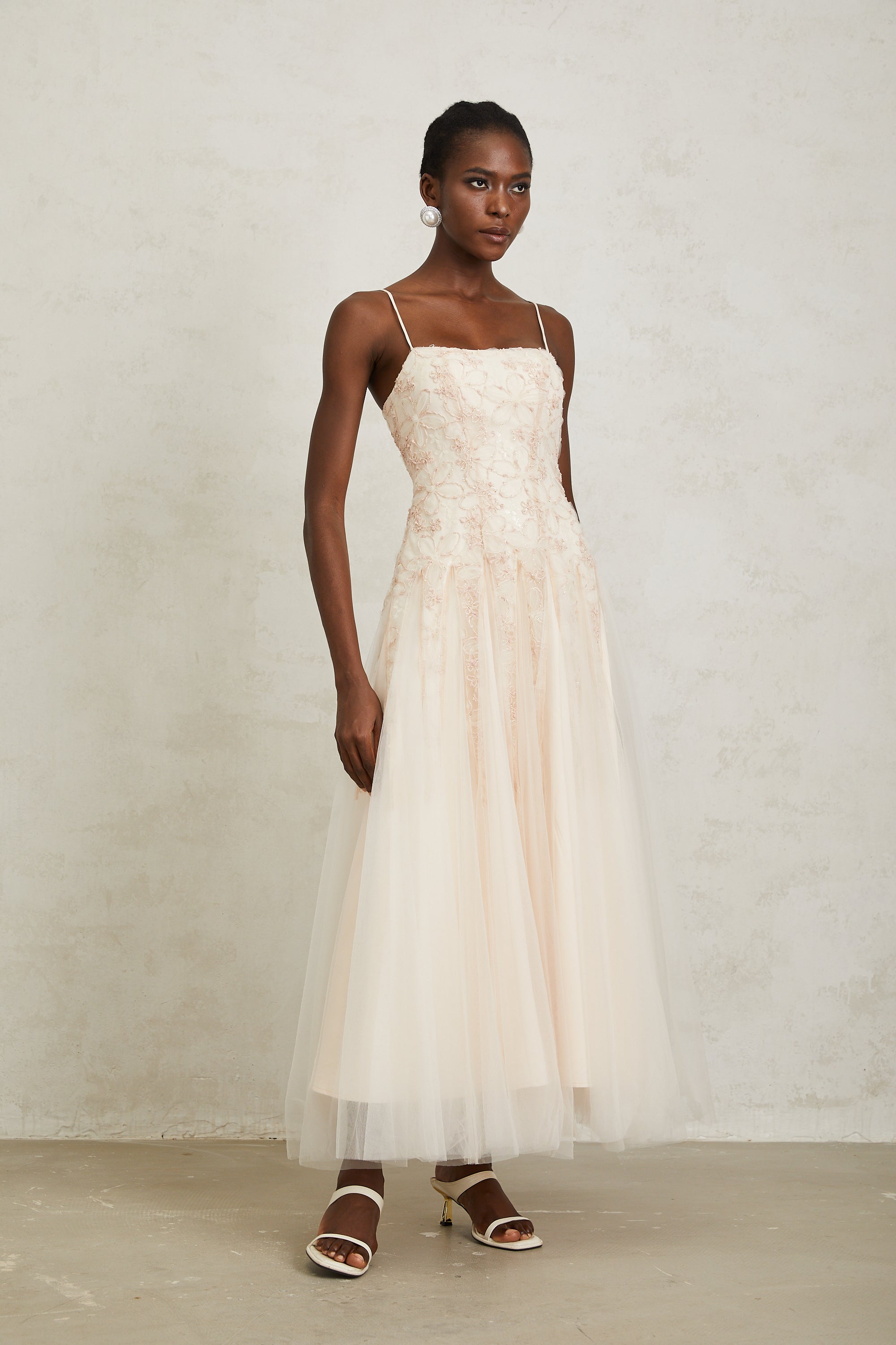 Madeline Pink Floral Embroidered Tulle Maxi Dress