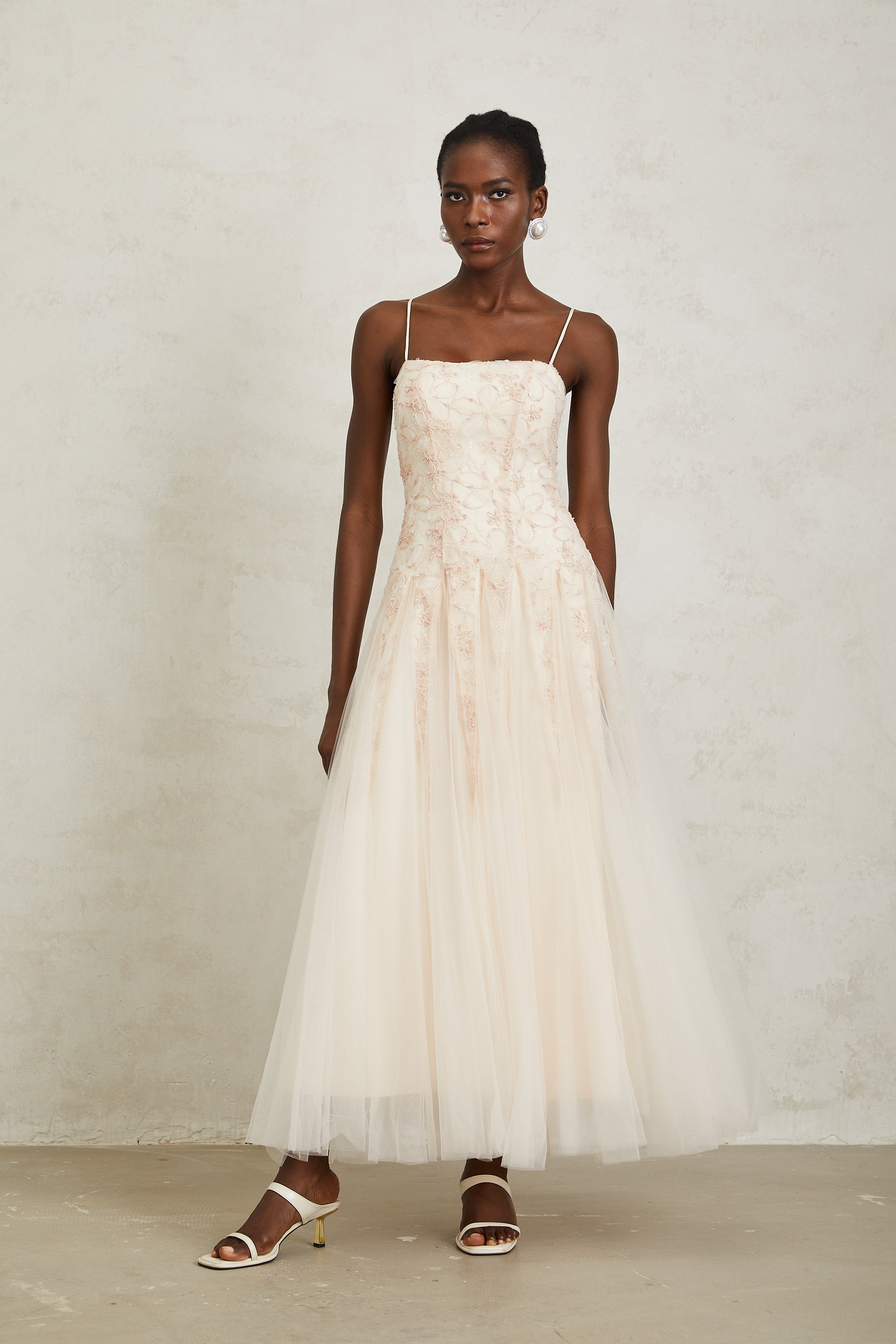 Madeline Pink Floral Embroidered Tulle Maxi Dress