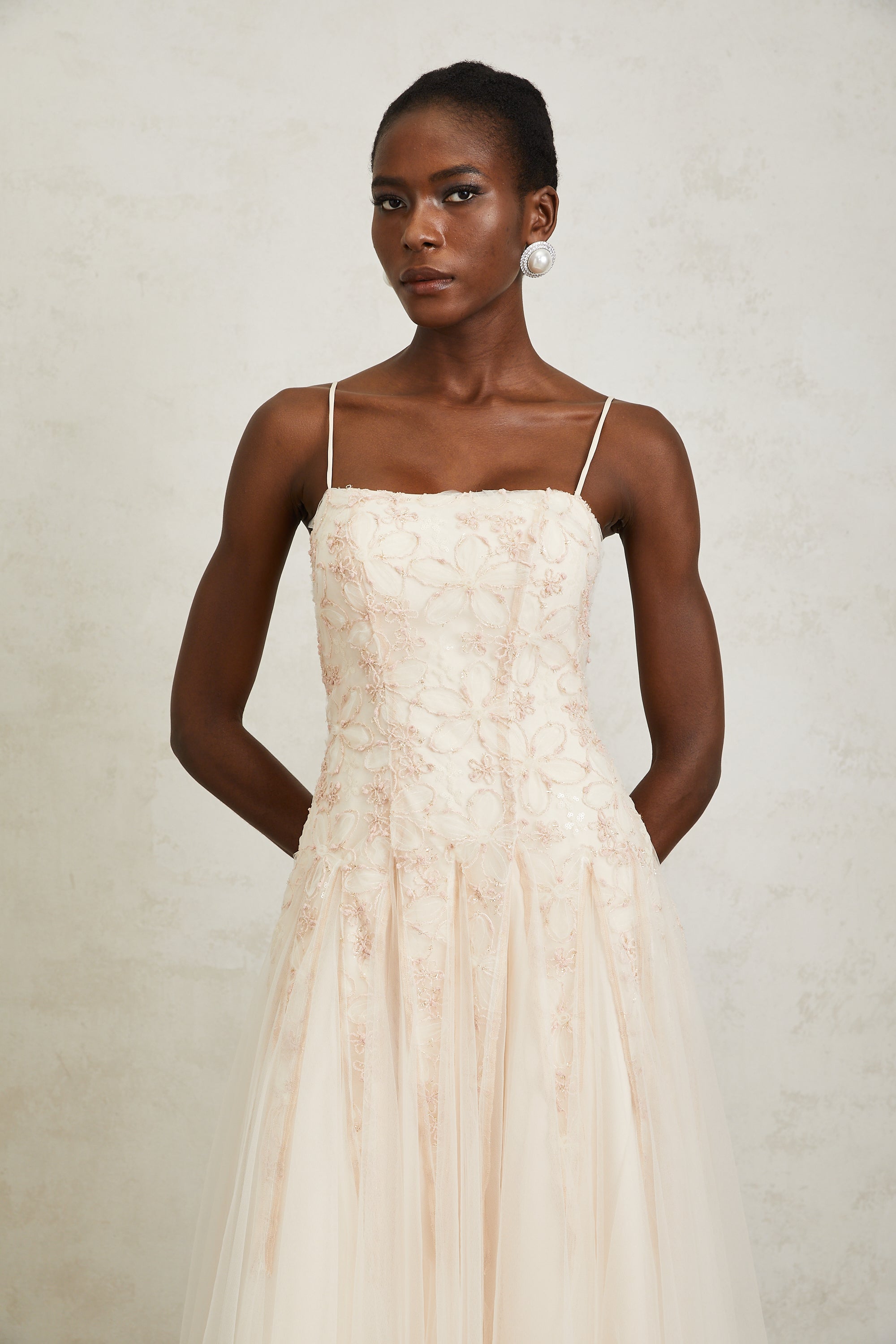 Madeline Pink Floral Embroidered Tulle Maxi Dress
