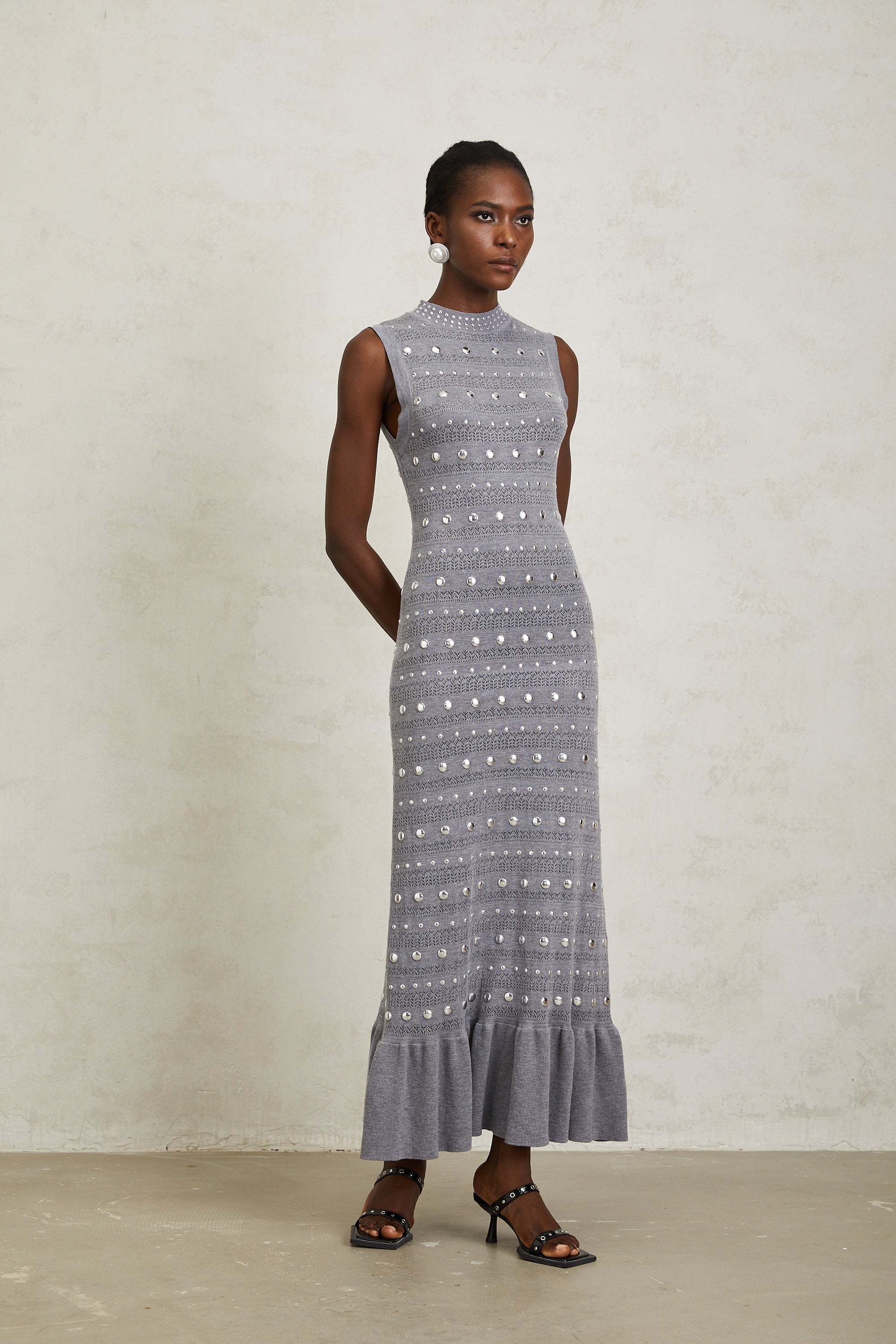 Chloé Grey Studded Crochet Knit Maxi Dress - gray